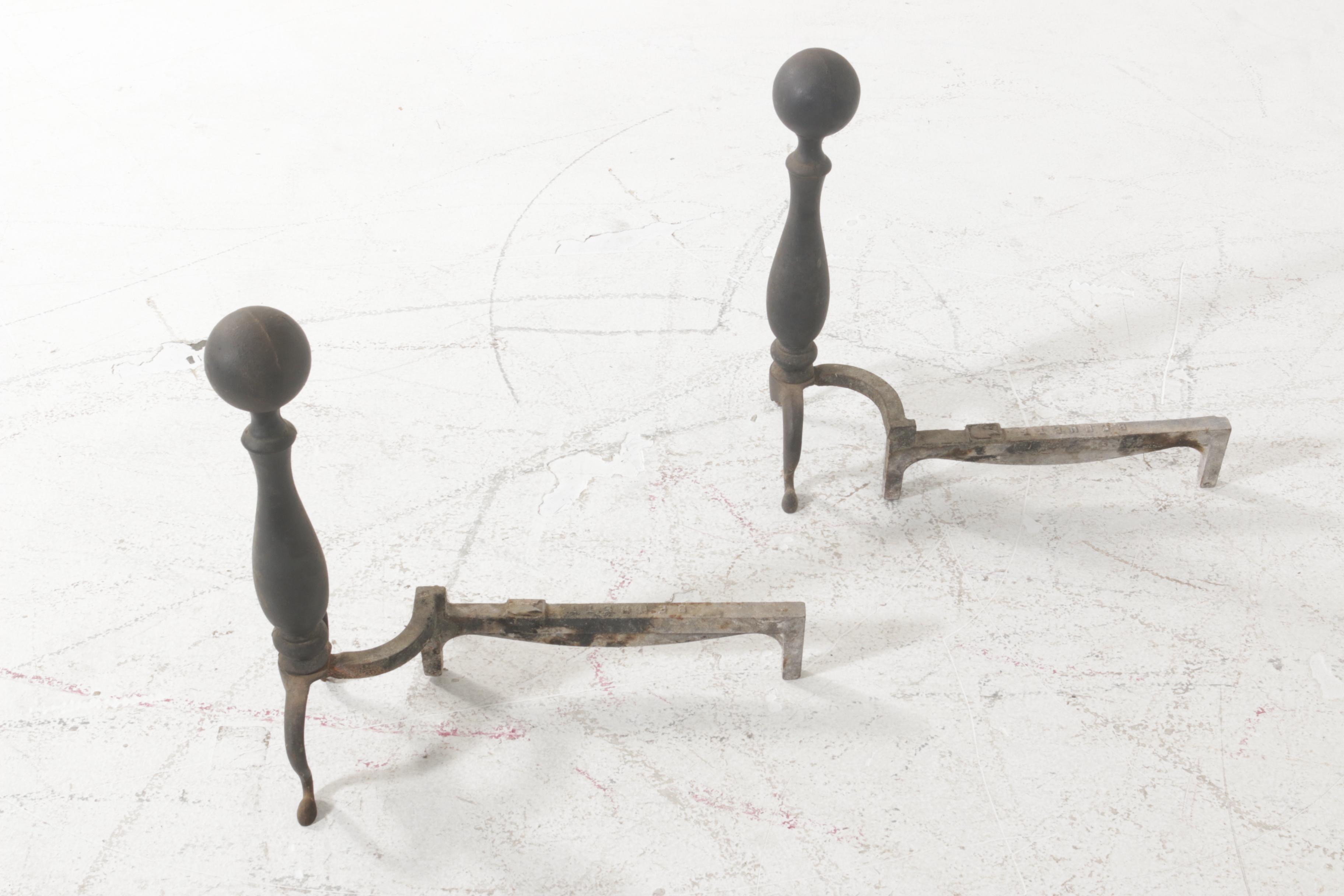 Brass Federal Style Fireplace Fender with Black Metal Andirons EBTH