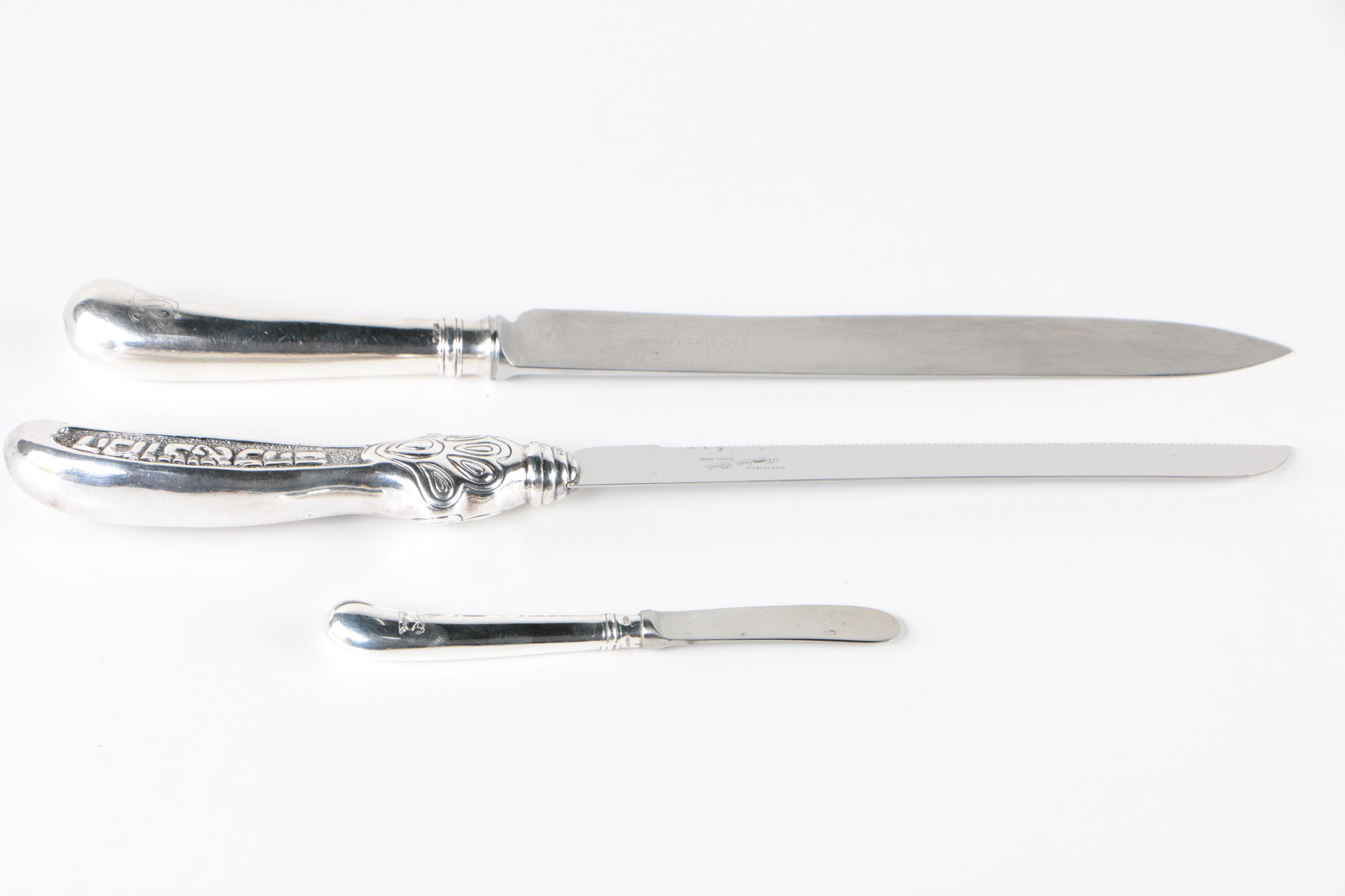 Sterling SilverHandled Knives Including a Sheffield Challah Bread