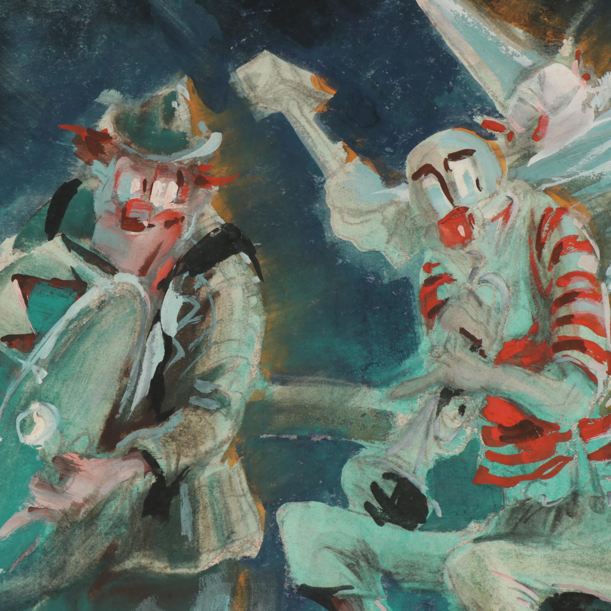 20th Century Clown Musicians Gouache Painting EBTH