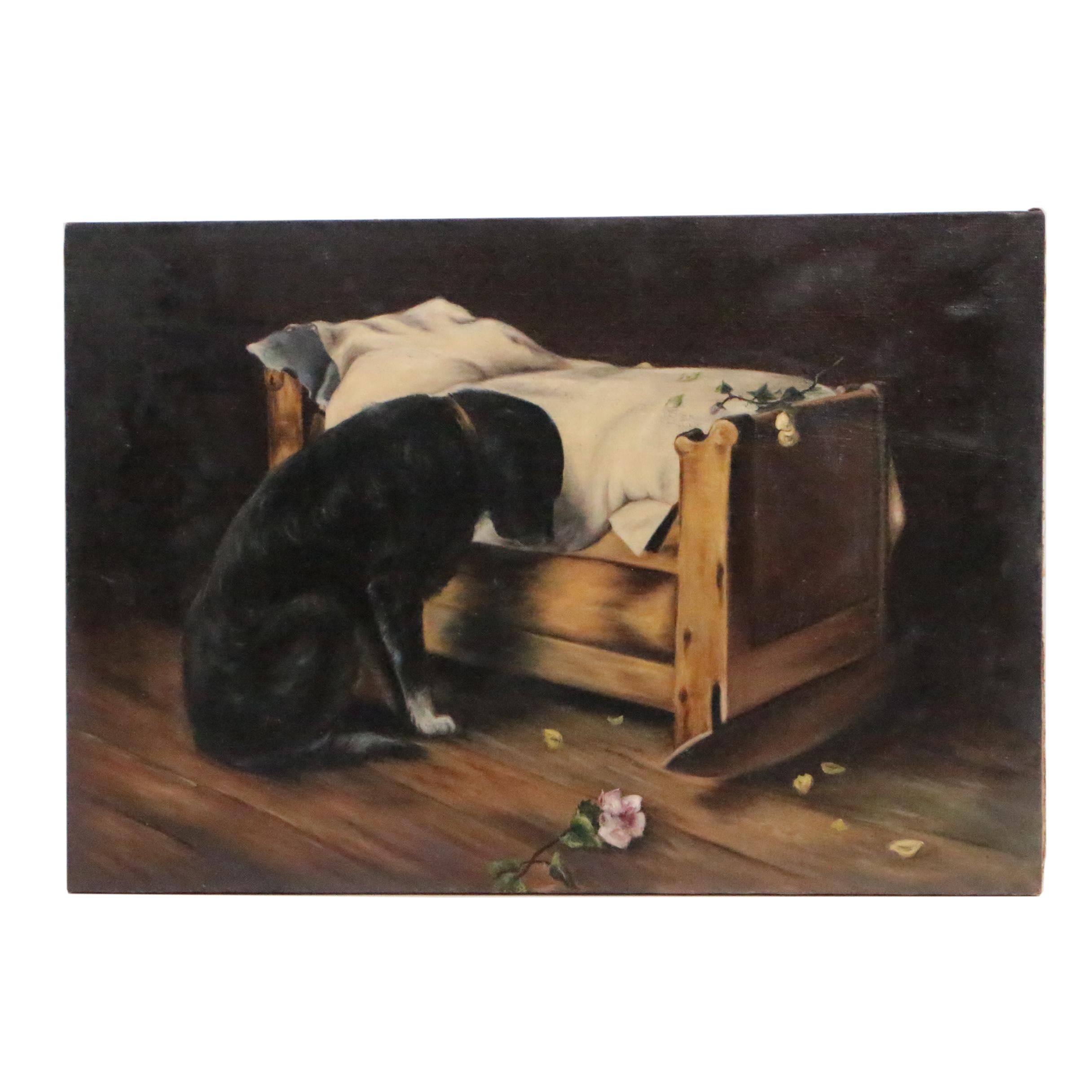 Dog By Child S Bed Oil Painting 20th Century Ebth