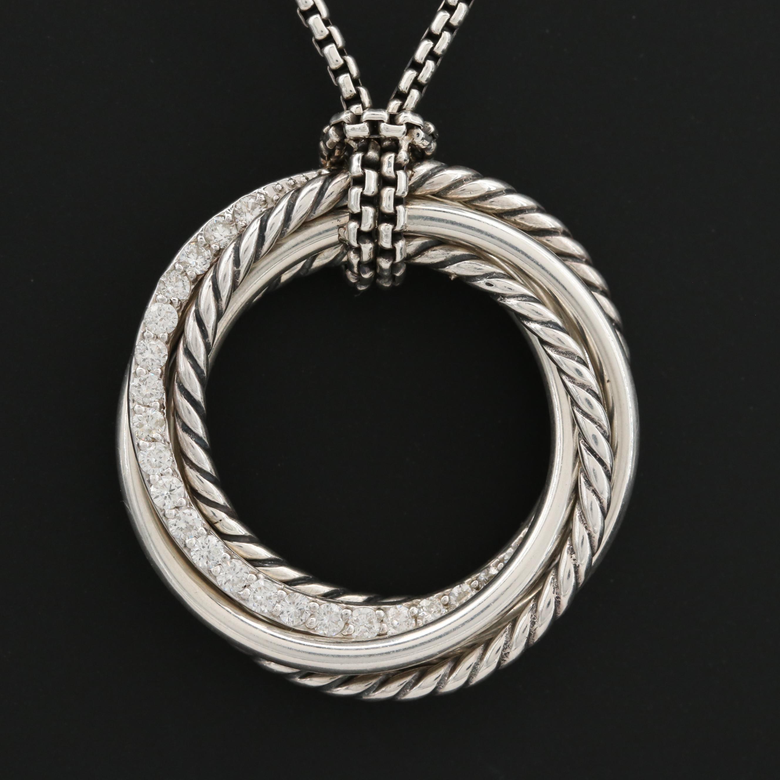 David Yurman "Crossover" Sterling Silver Diamond Pendant Necklace EBTH