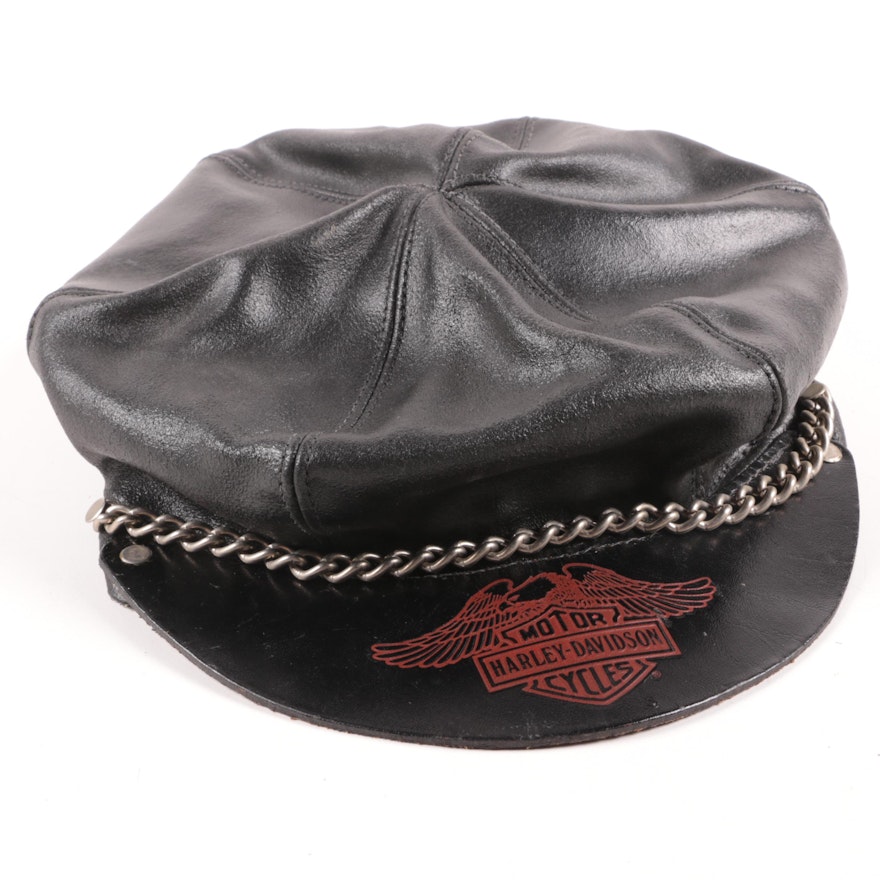 Harley-Davidson Black Leather Cap with Chain Accent, 1970s Vintage | EBTH