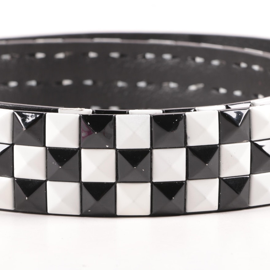 Black and White Checkered Pyramid Stud Black Leather Belt | EBTH