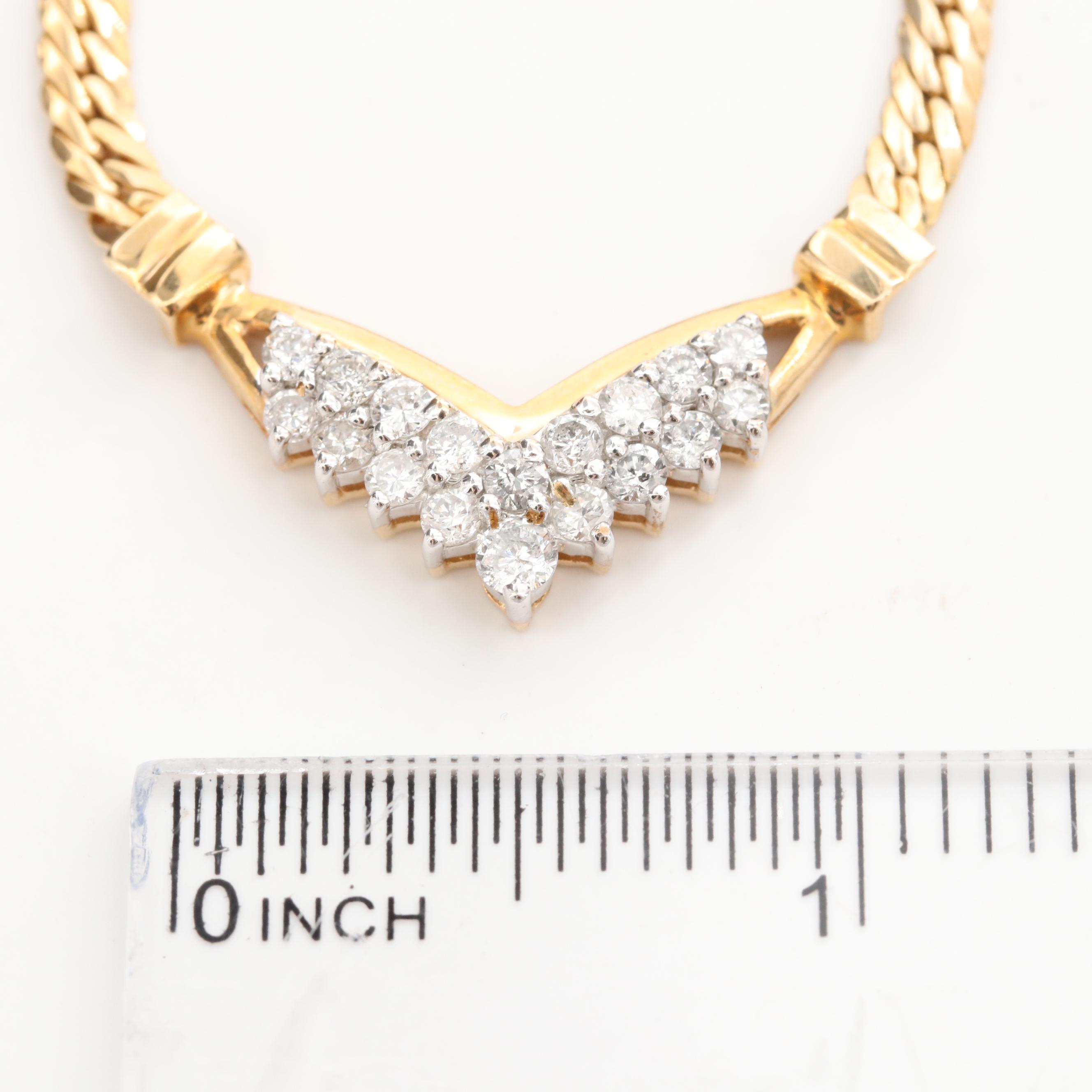 14K Yellow Gold Diamond and Herringbone Chain Necklace EBTH