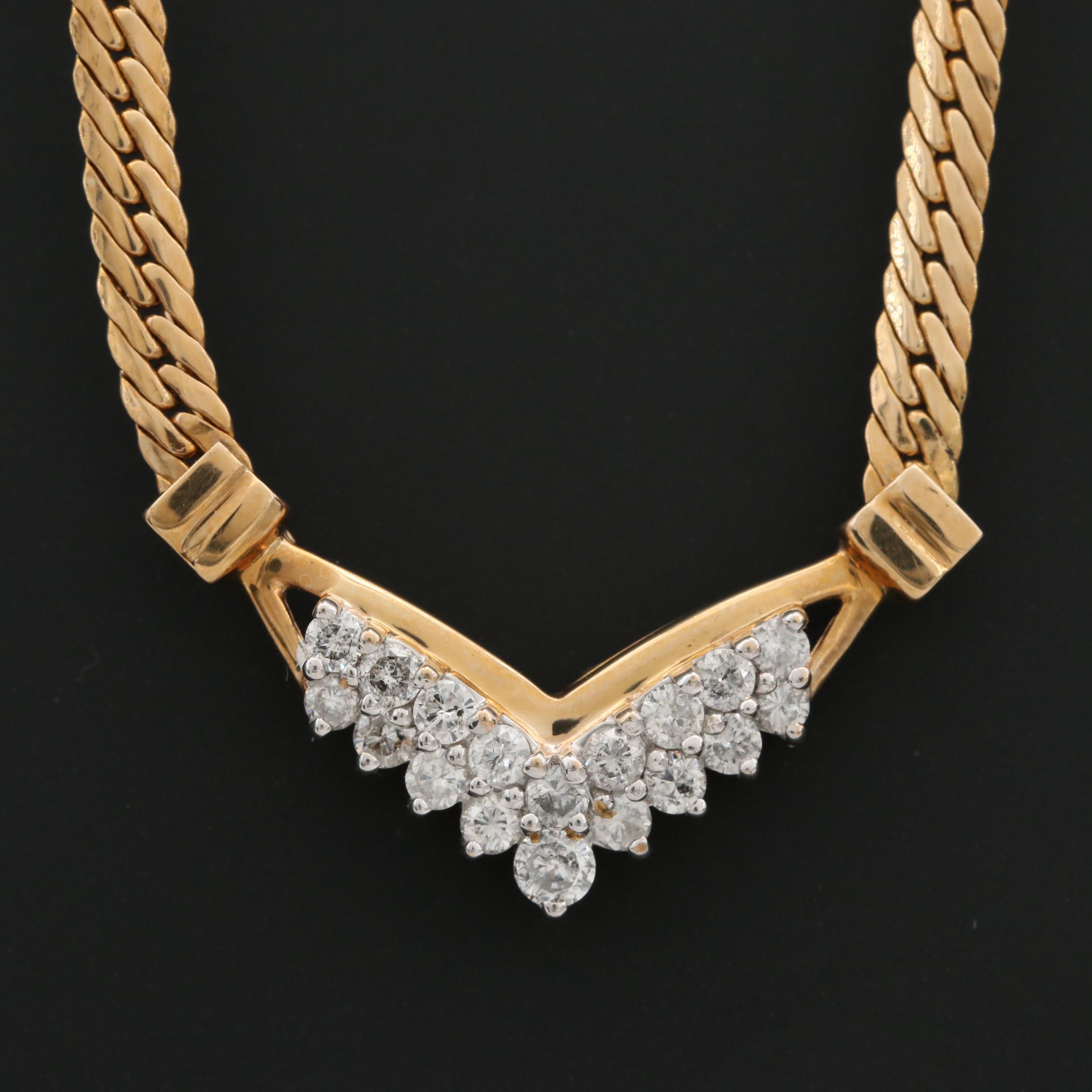 14K Yellow Gold Diamond and Herringbone Chain Necklace EBTH