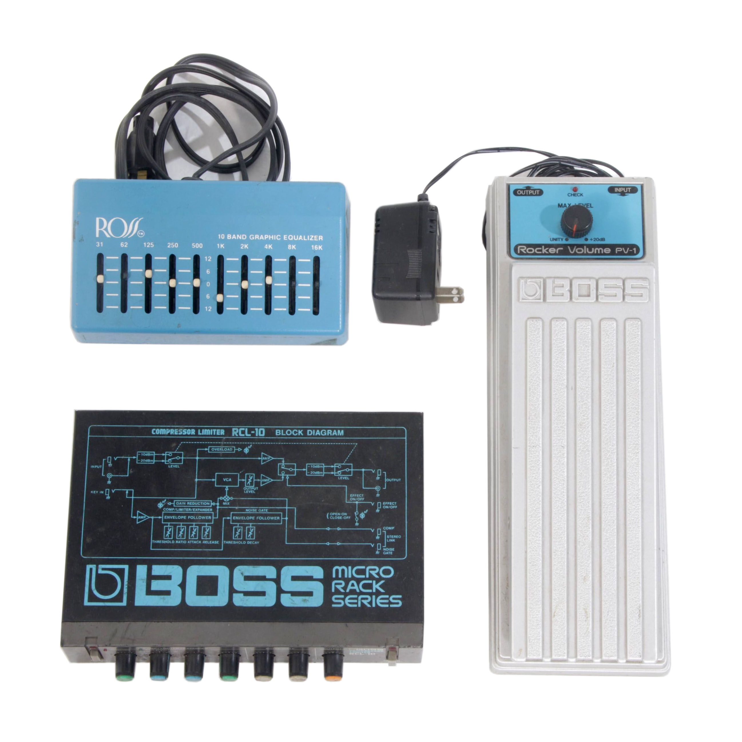 Boss PV1 Rocker Volume, Boss RCL10 Effects, and Ross 10 Band Graphic
