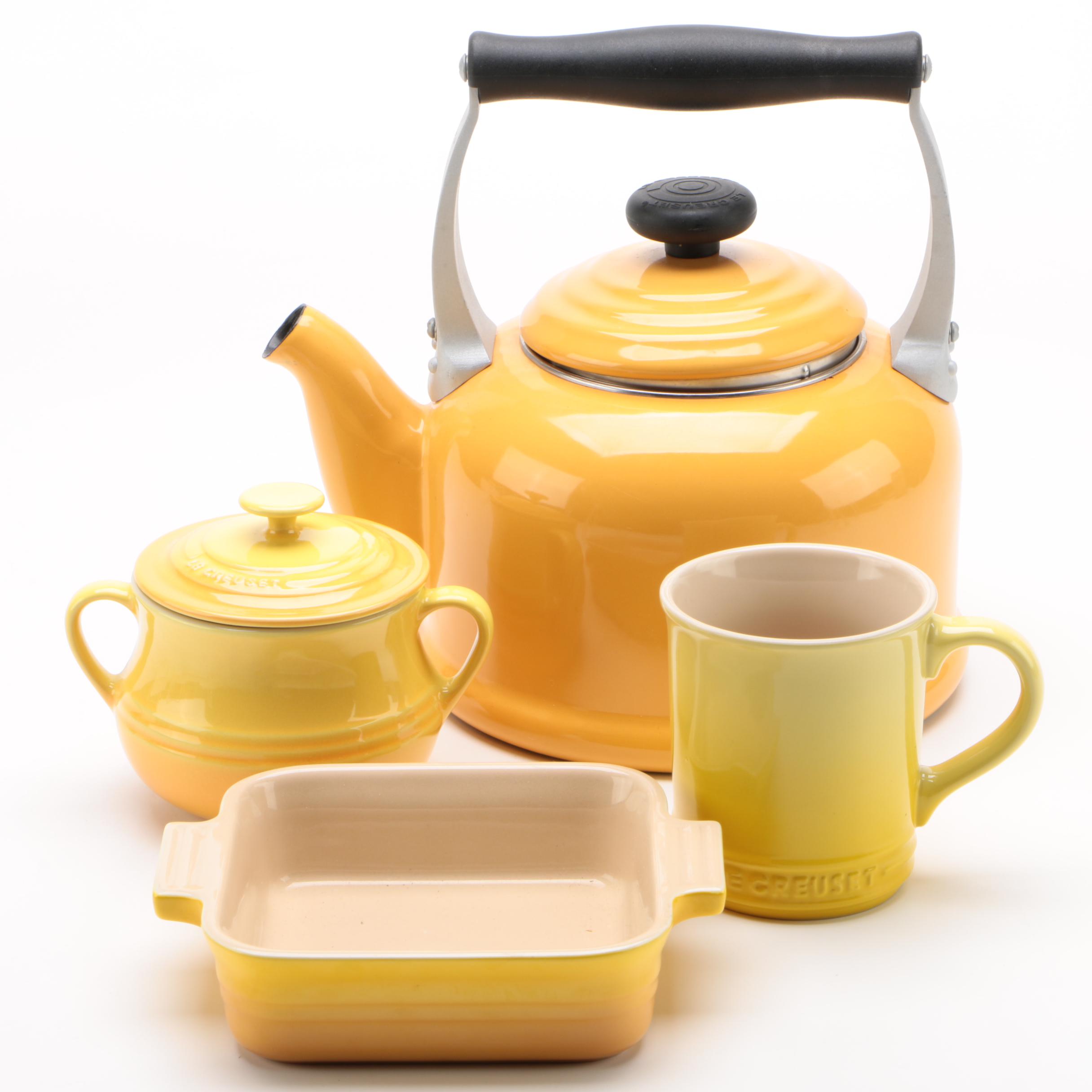 Le Creuset Dijon Tea Kettle with Soleil Stoneware Casserole ...