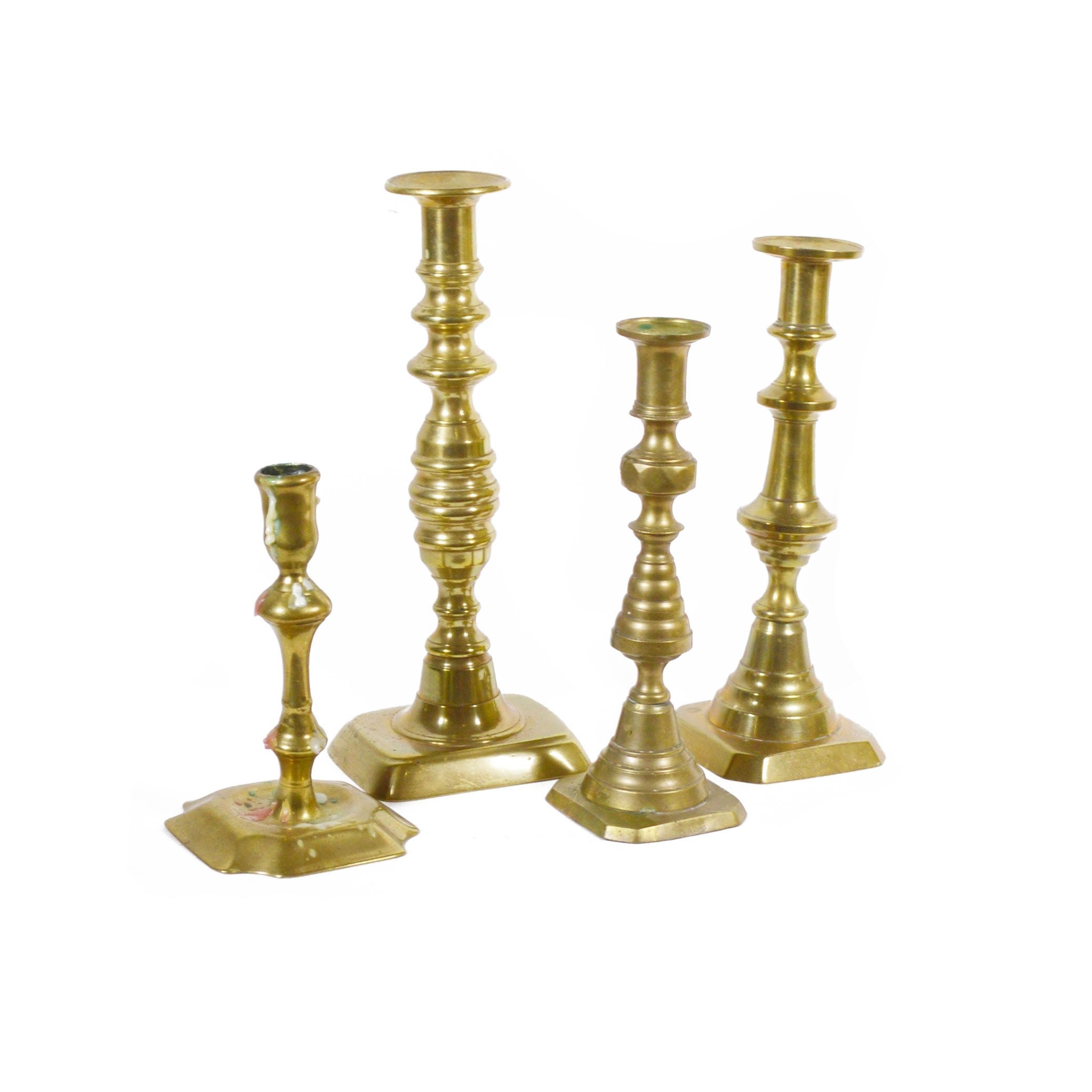 English Brass Beehive Candlesticks and Other Brass Candlesticks