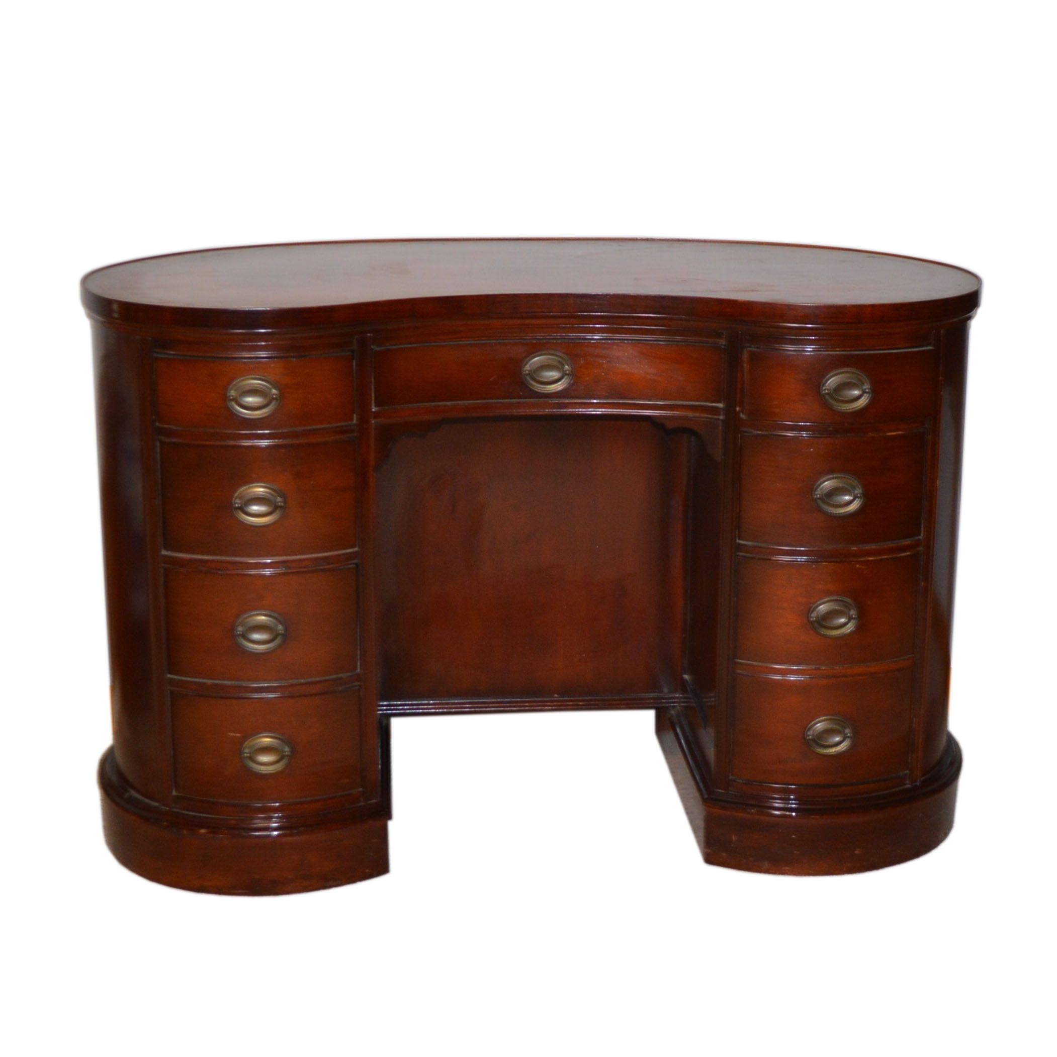 Kidney Shaped Tooled Leather And Mahogany Executive Desk Vintage
