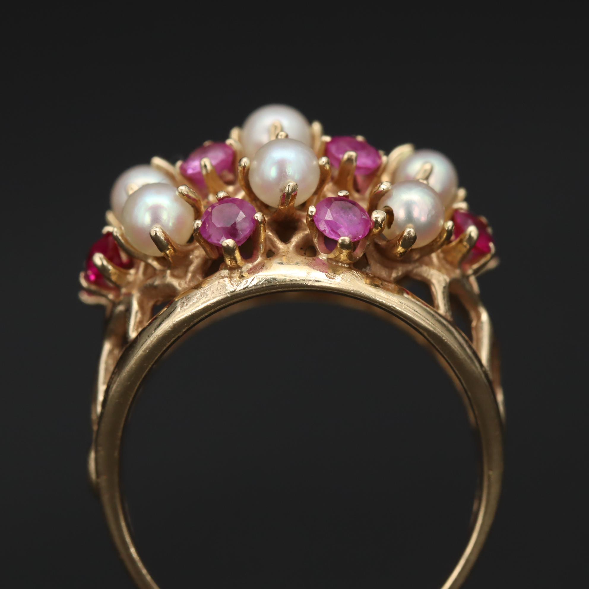 14K Yellow Gold Ruby and Cultured Pearl Cluster Ring | EBTH