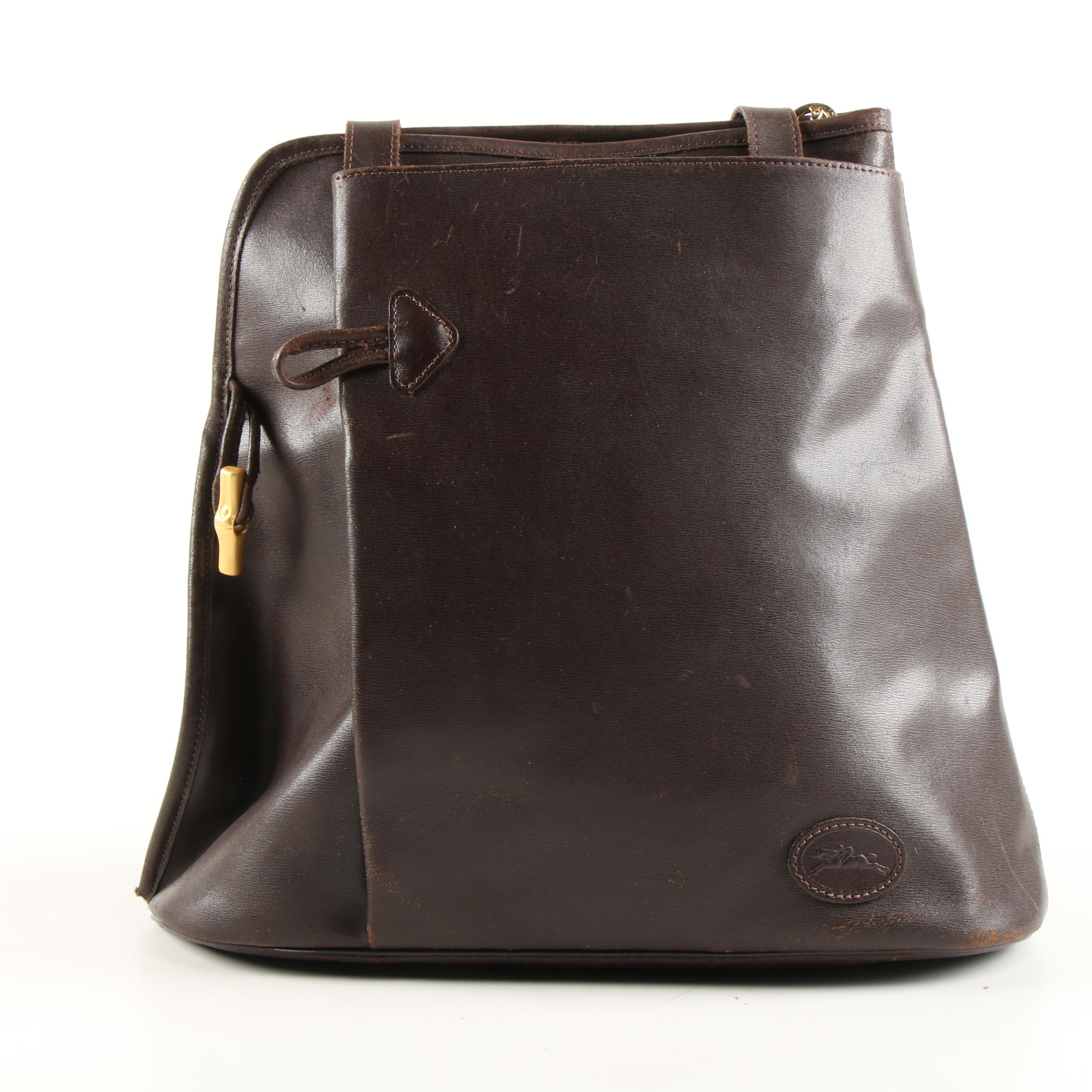 Longchamp Dark Brown Leather Shoulder Bag with Bamboo Toggle Clasp EBTH