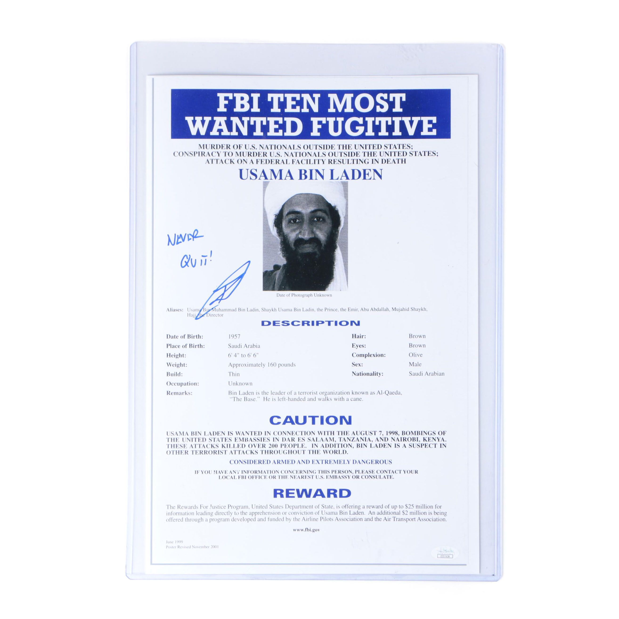 Robert O'Neill U.S. Navy Seal Signed Osama Bin Laden FBI Wanted Photo ...