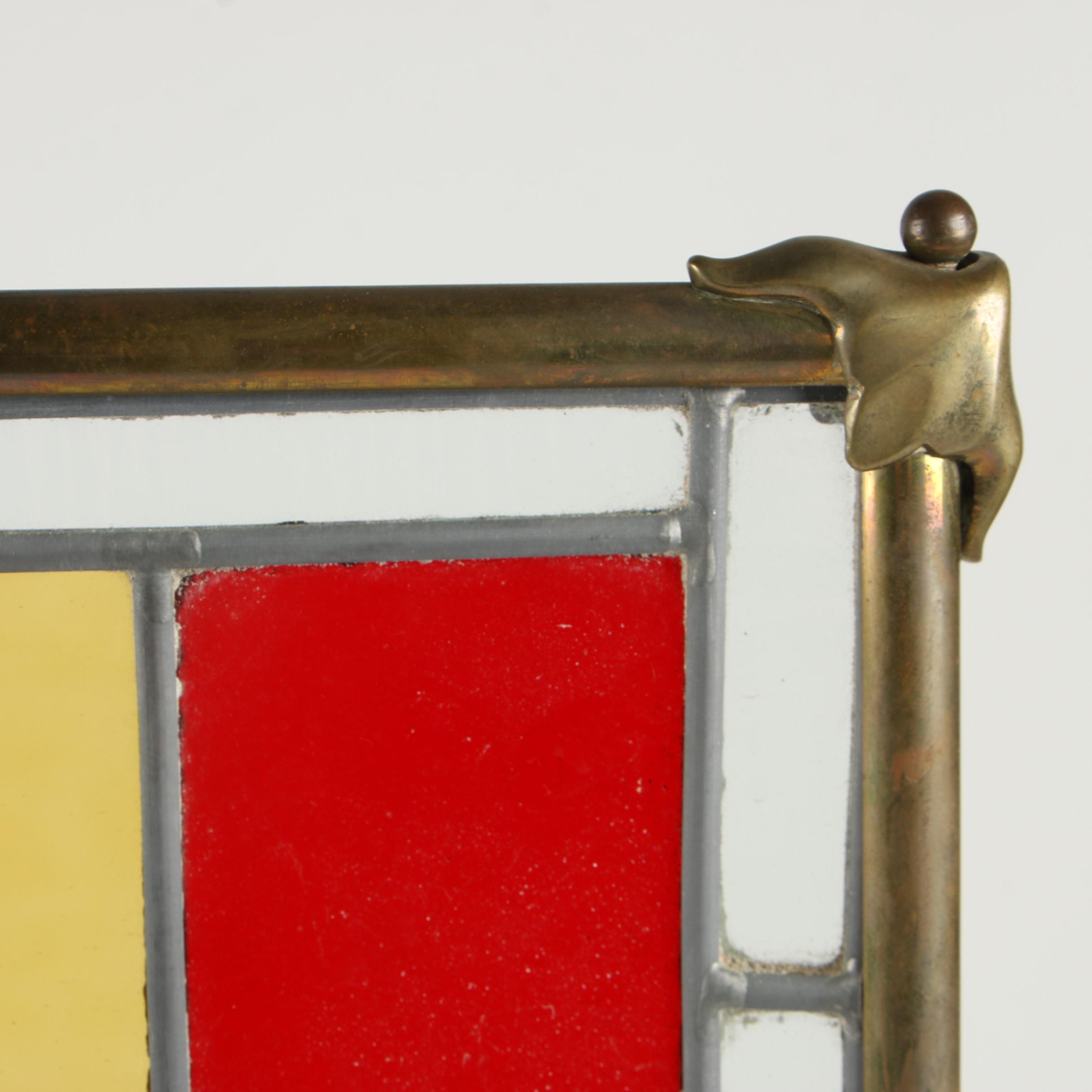 Brass and Leaded Stained Glass Fireplace Screen, Early 20th Century EBTH