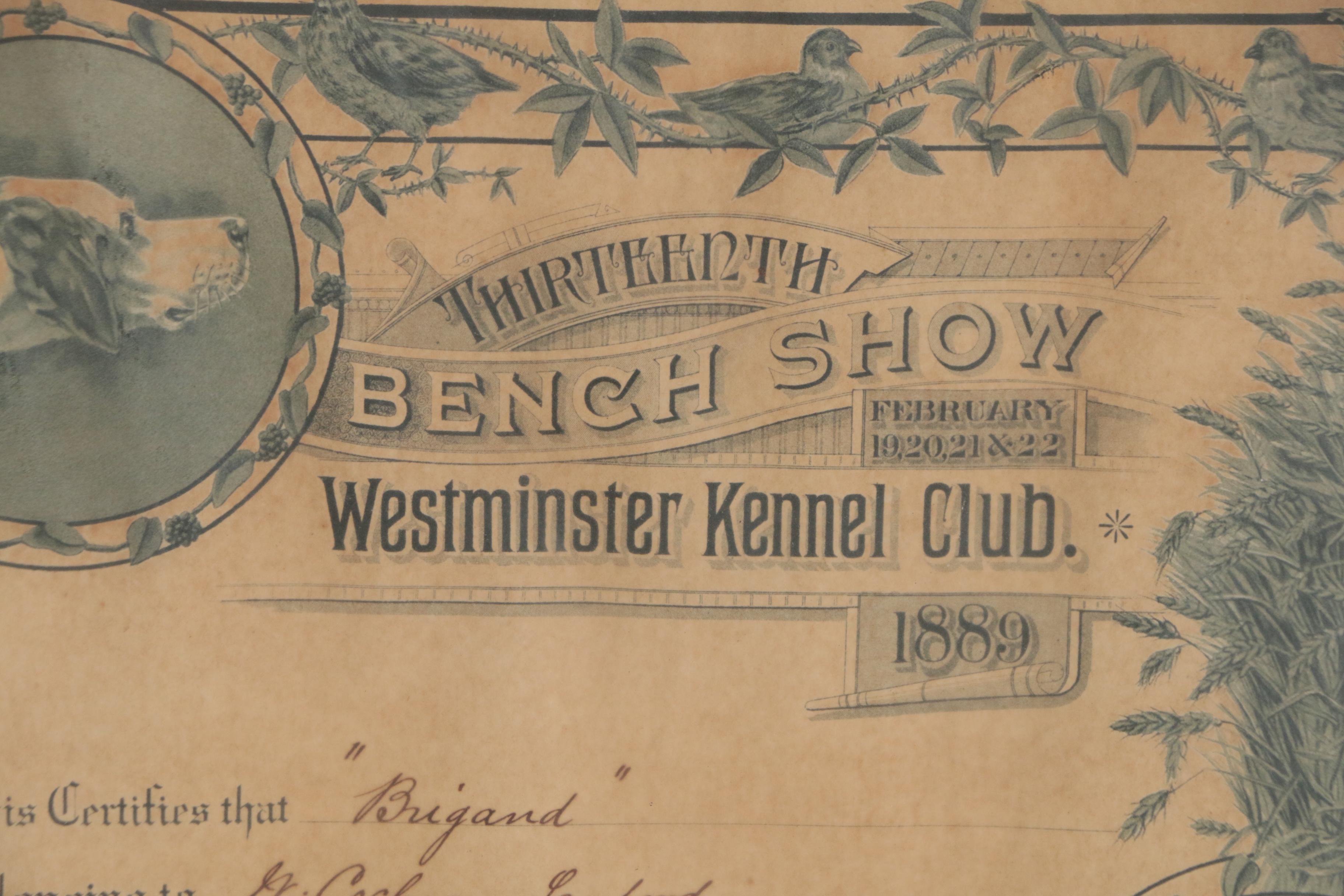 Westminster Kennel Club Second Prize Award Certificate, 1889 EBTH