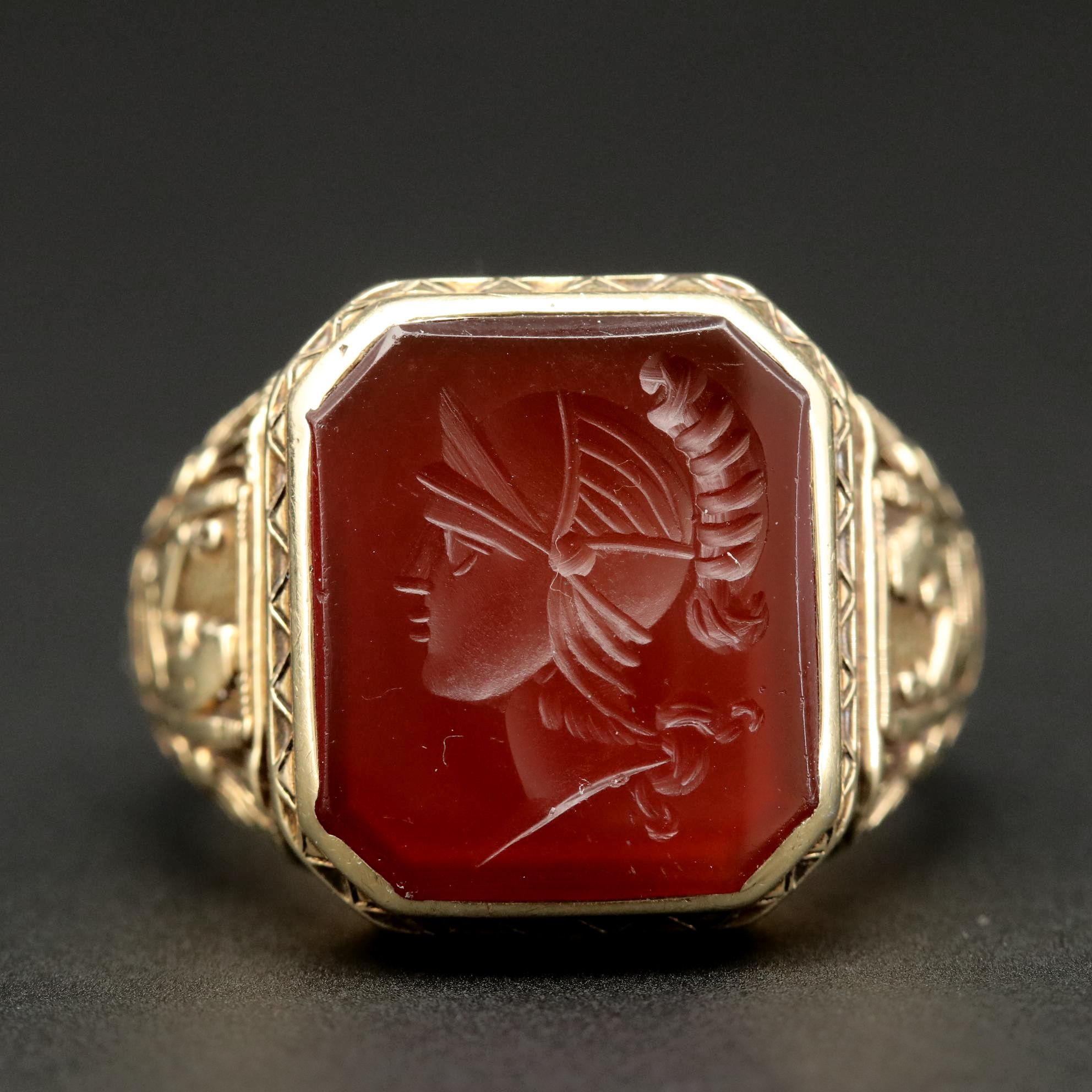14K Yellow Gold Carnelian Intaglio Ring with Egyptian Motif EBTH