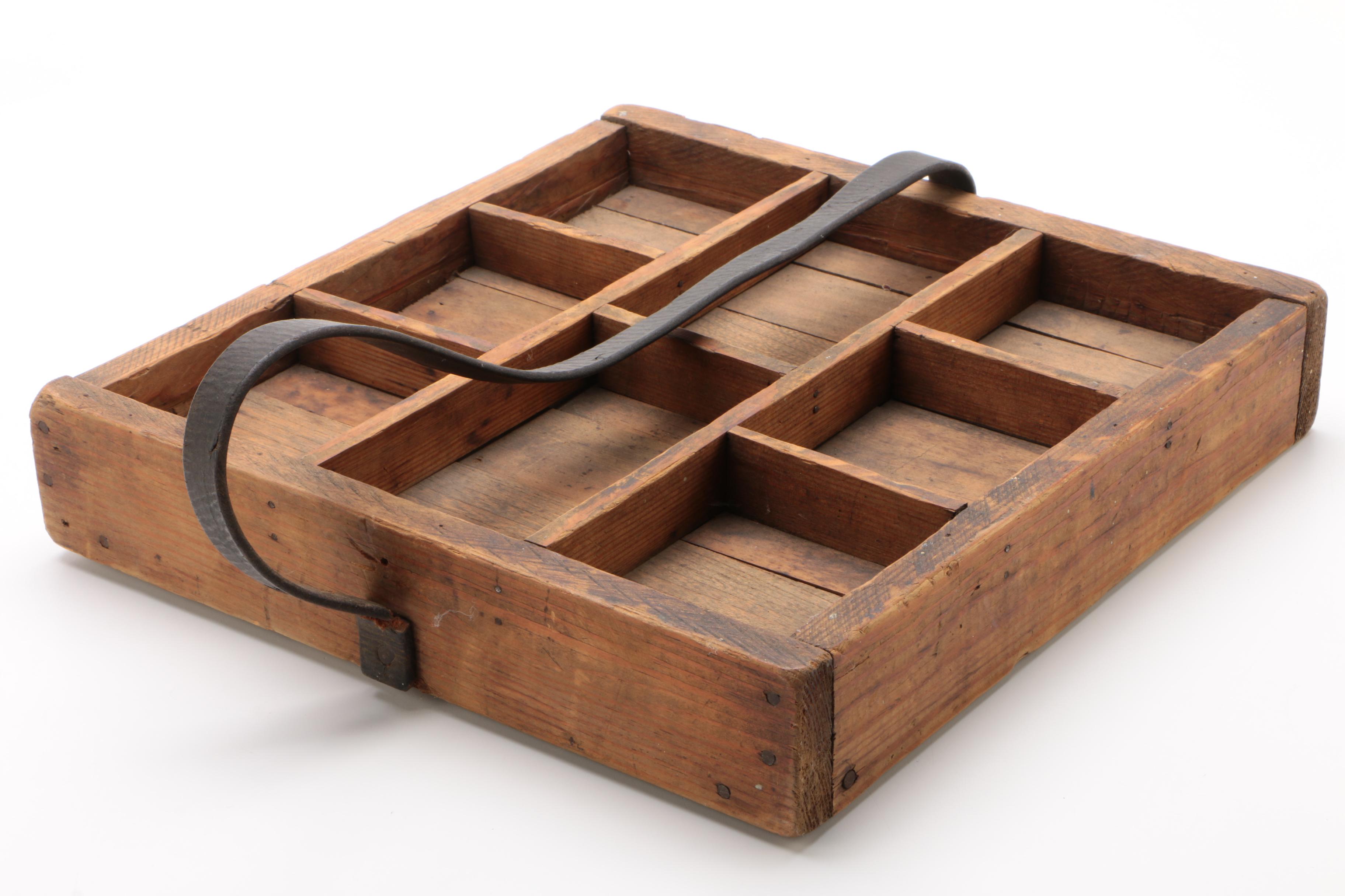 Utility Wood Compartment Tray with Carrying Strap, circa 1930s1940s EBTH