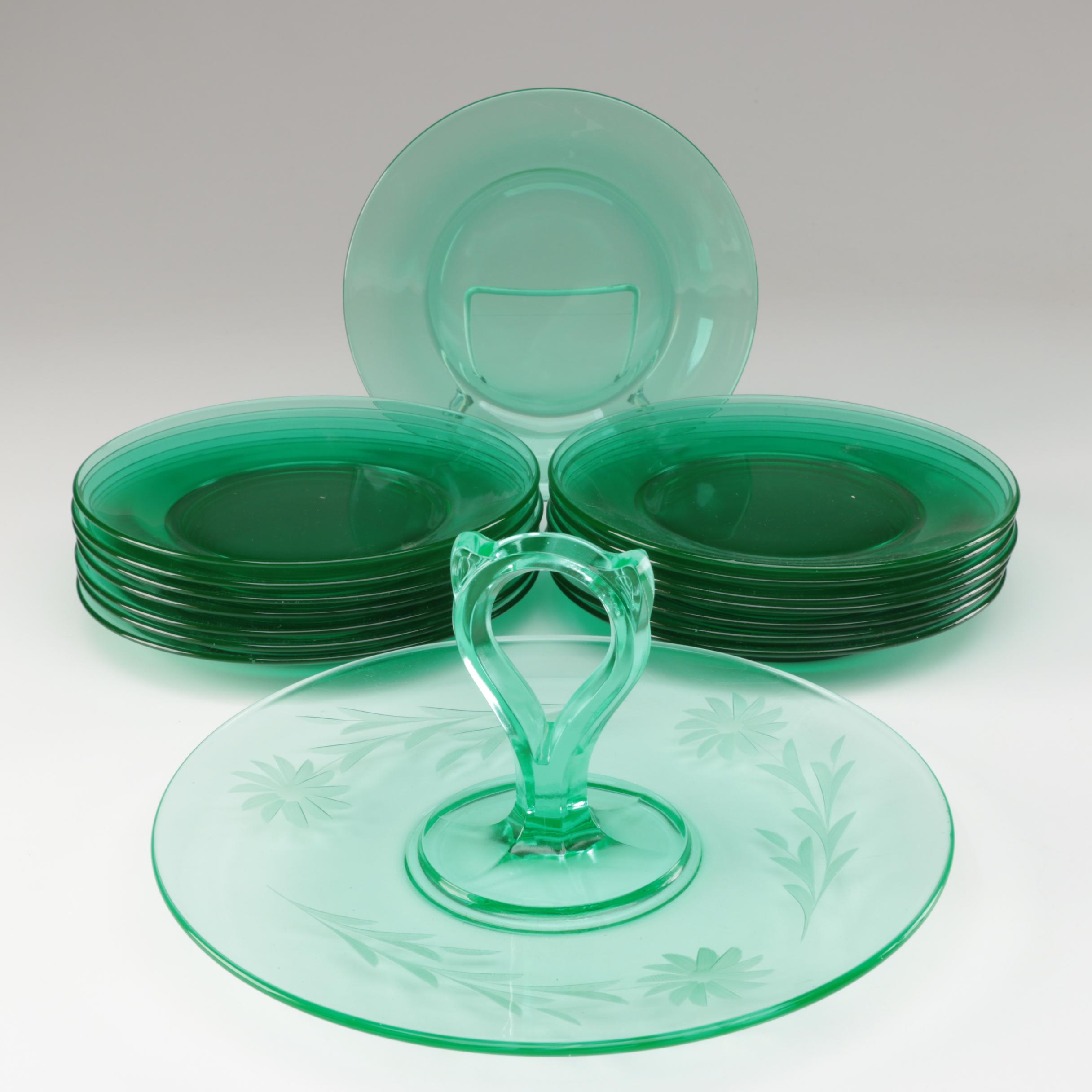 Vaseline Handled "Cat Ear" Serving Tray with Etched Flowers and Plates