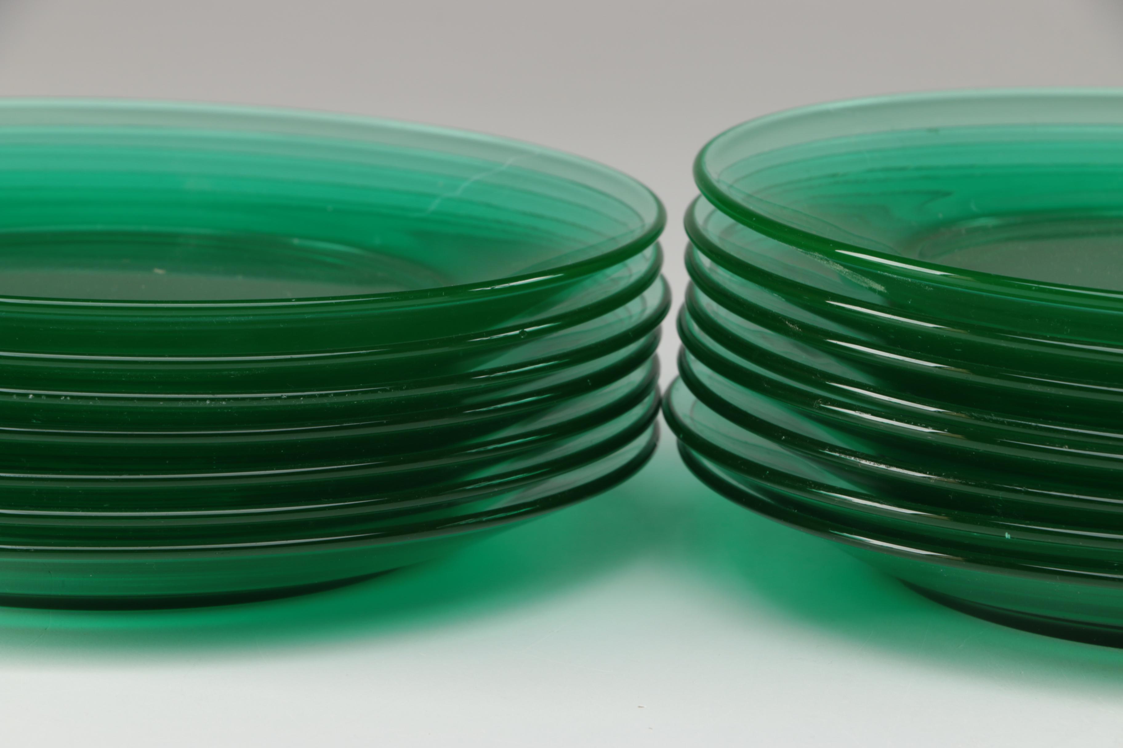 Vaseline Handled "Cat Ear" Serving Tray with Etched Flowers and Plates