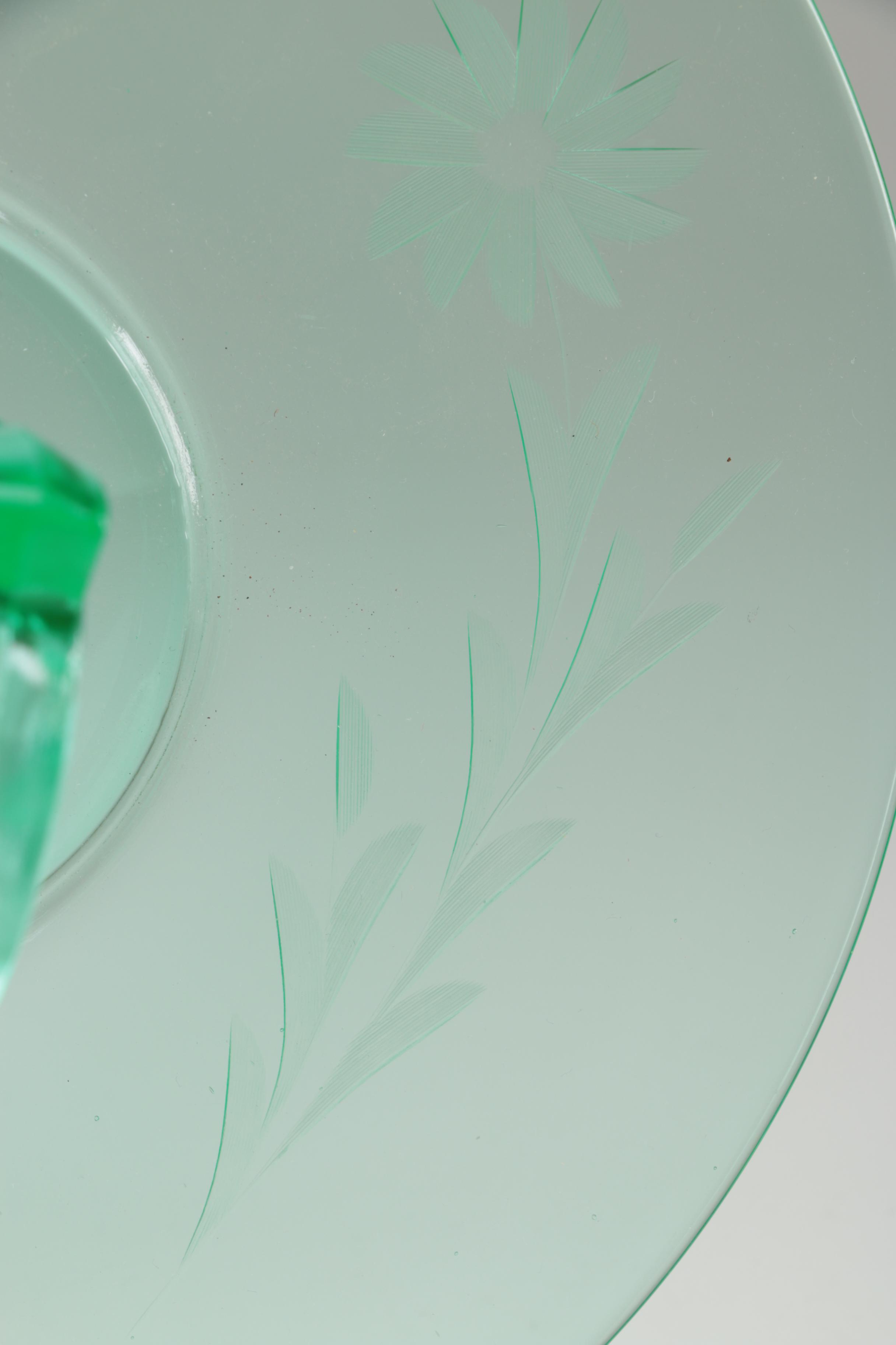 Vaseline Handled "Cat Ear" Serving Tray with Etched Flowers and Plates