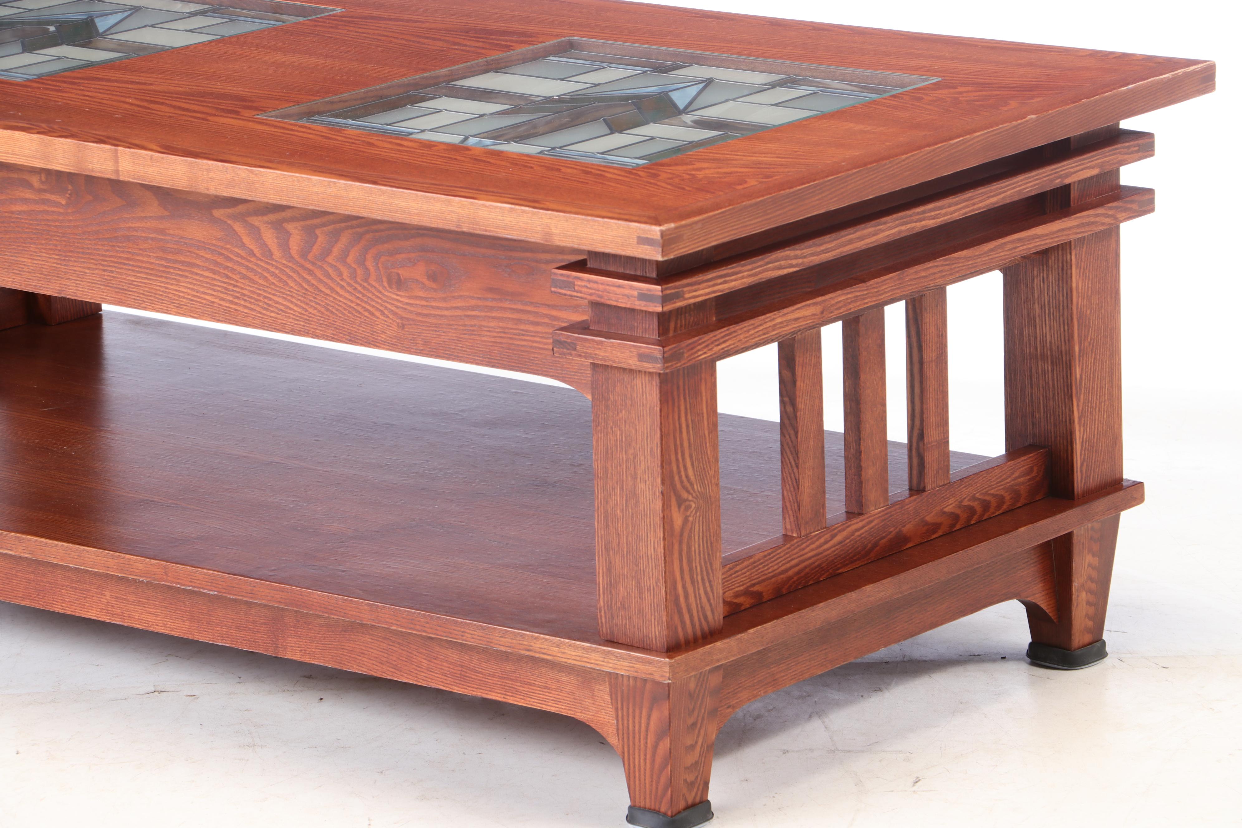 Mission Style Oak Coffee Table with Slag Glass Inlay, Late ...