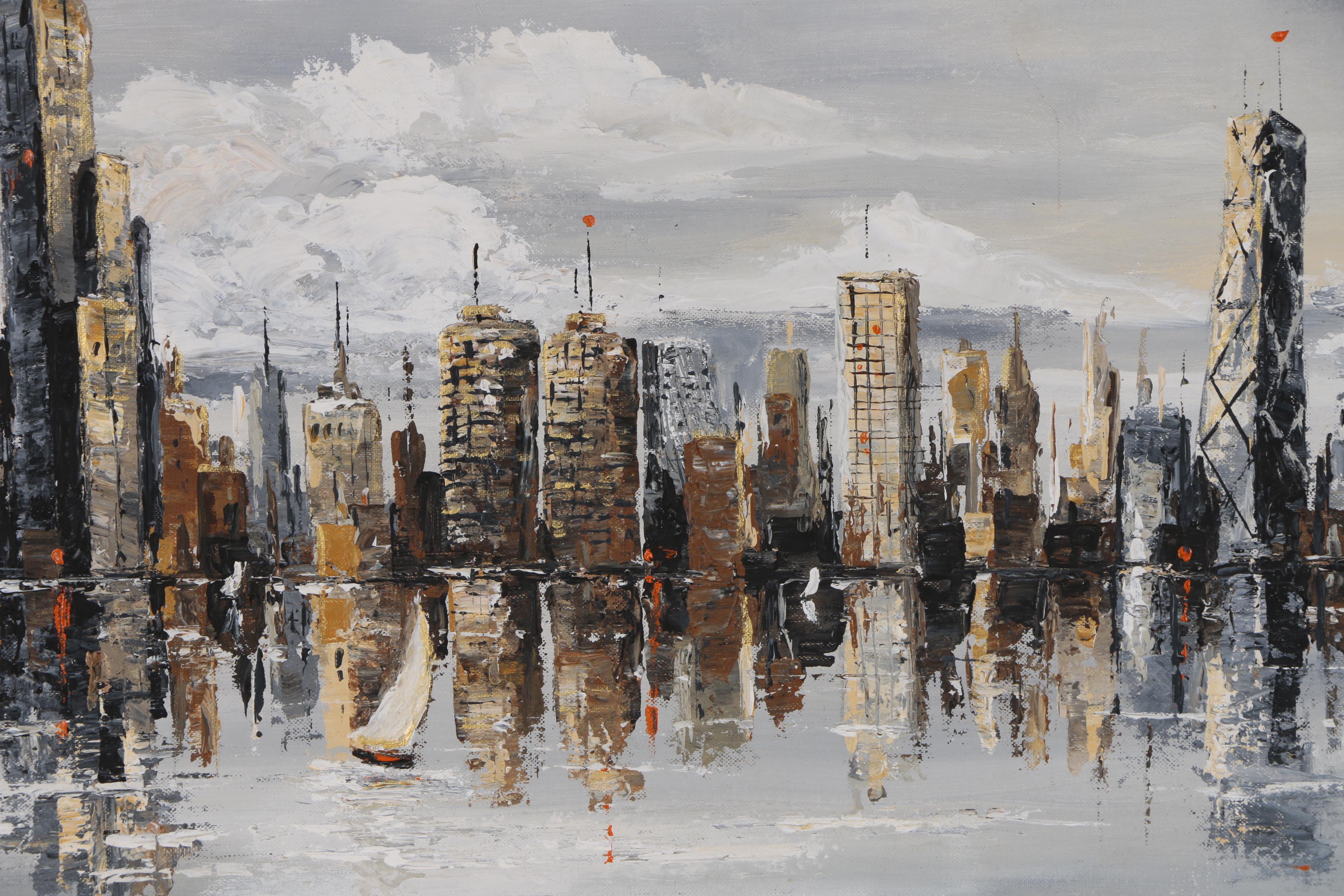 Abstract Oil Painting of City Skyline, 20th Century EBTH