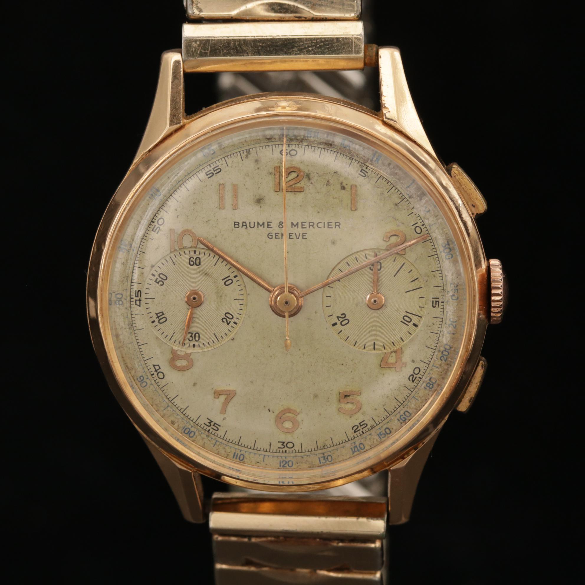 Vintage Baume & Mercier 18K Rose Gold Stem Wind Chronograph Wristwatch
