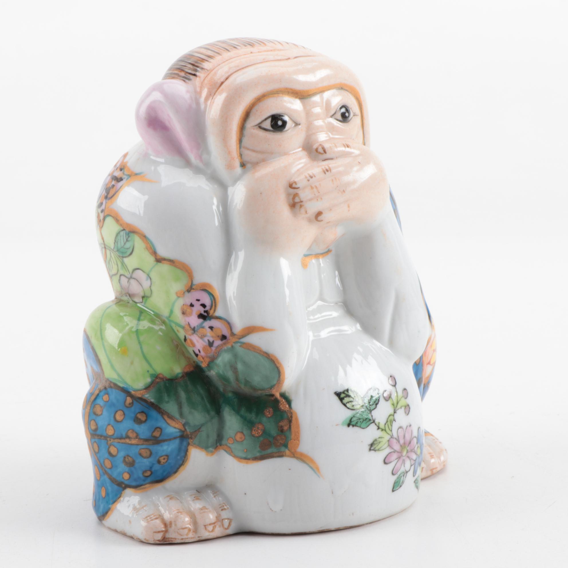 Chinese Porcelain Three Wise Monkeys Figurines and Four Wise Monkeys