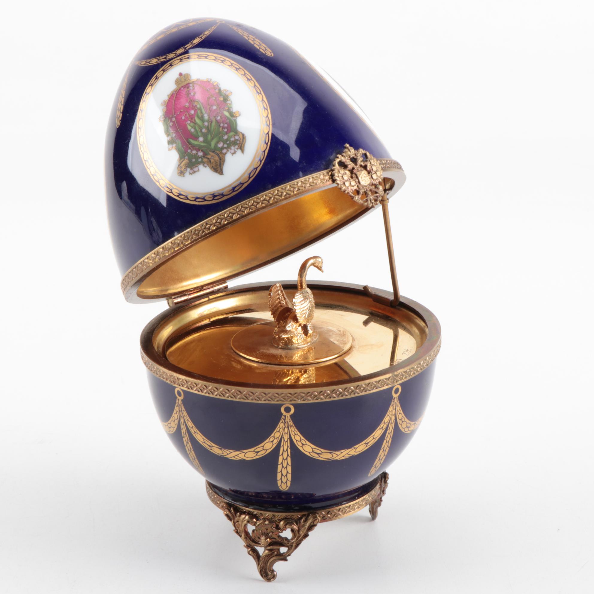 Faberge Limoges Egg Music Box with Gilt Sterling Silver Interior and