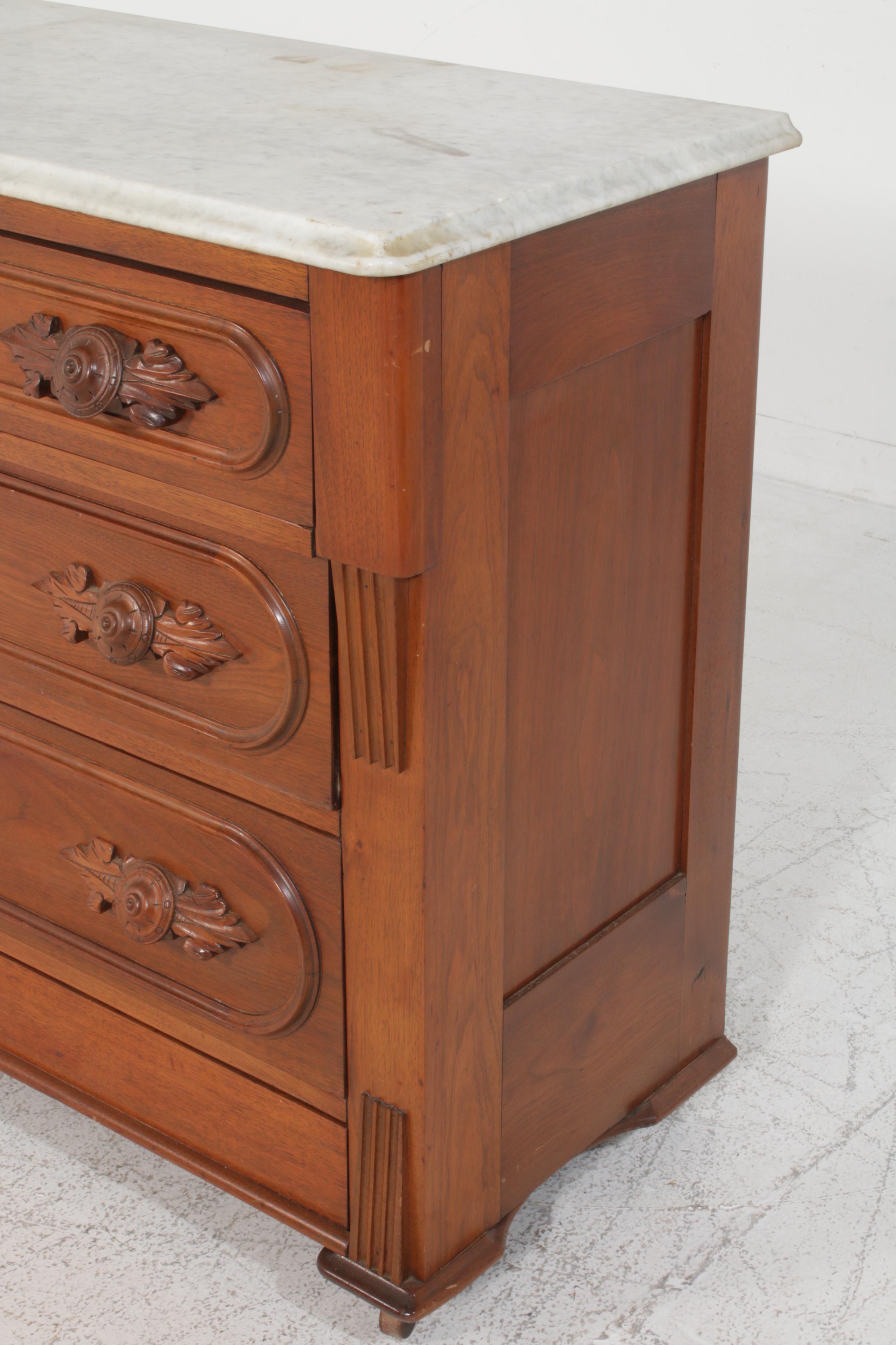 Victorian, Eastlake Style Marble Top Chest of Drawers, Late 19th Century EBTH