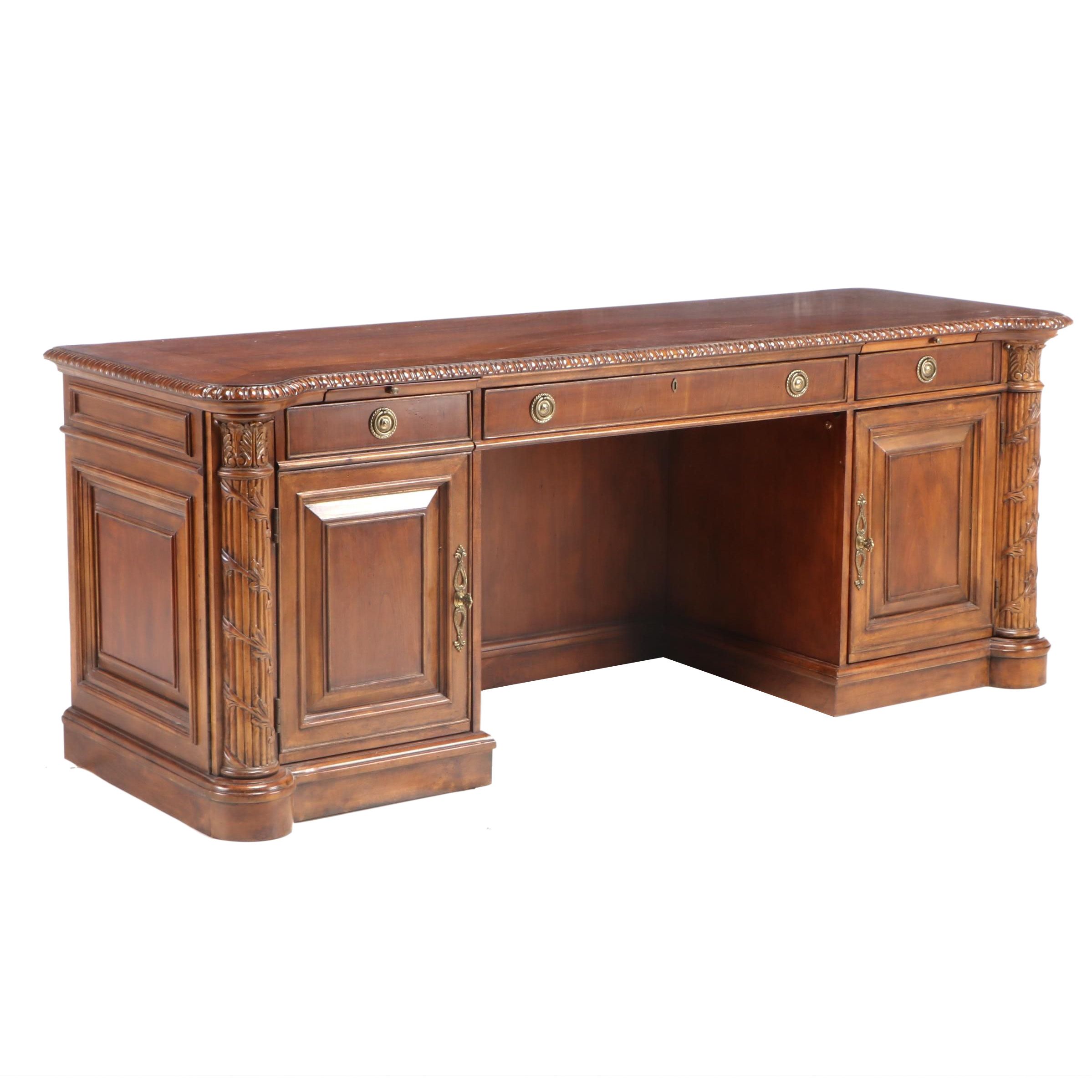Hekman Mahogany Executive Desk With Embossed Leather Panels Late