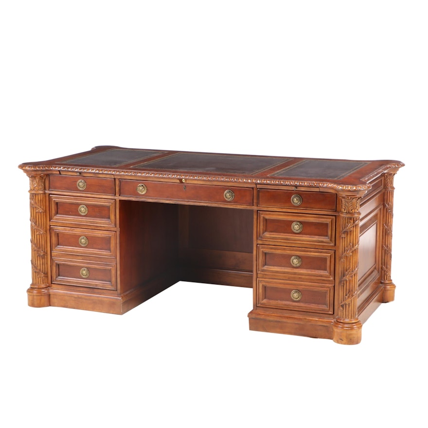 Hekman Mahogany Executive Desk With Embossed Leather Panels Late
