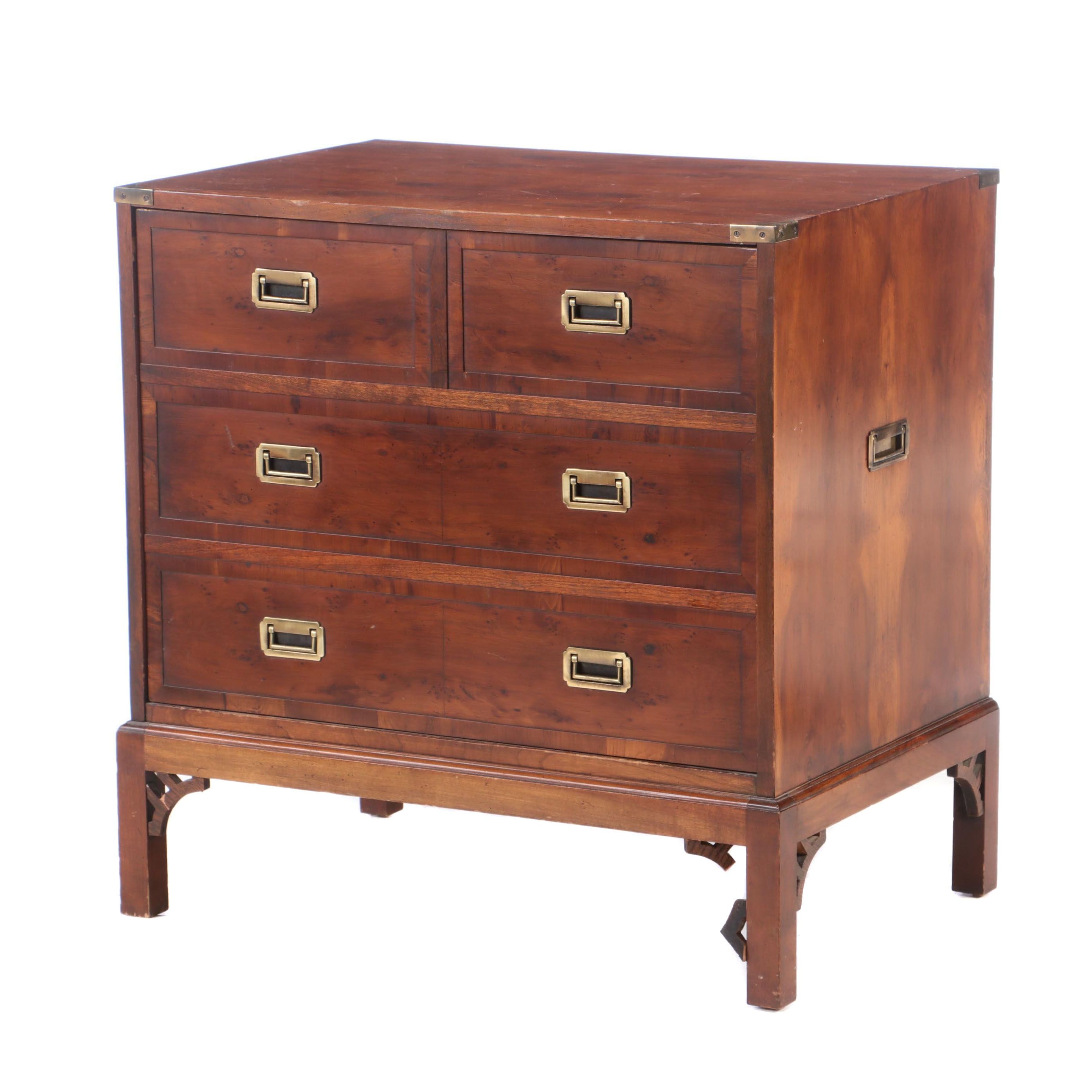 Campaign Style Walnut Faux Drawer Front Media Cabinet Late 20th