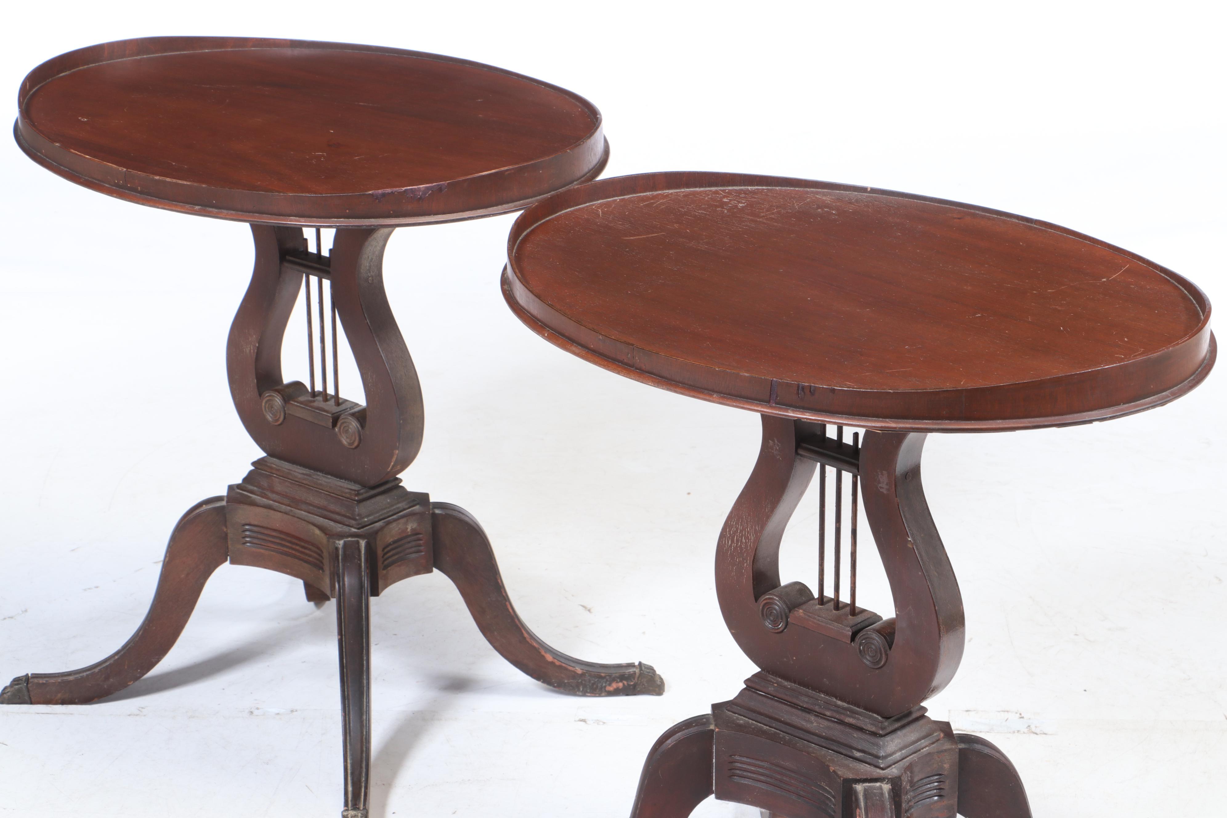 Duncan Phyfe Style Mahogany Lyre Pedestal Side Tables, Mid ...