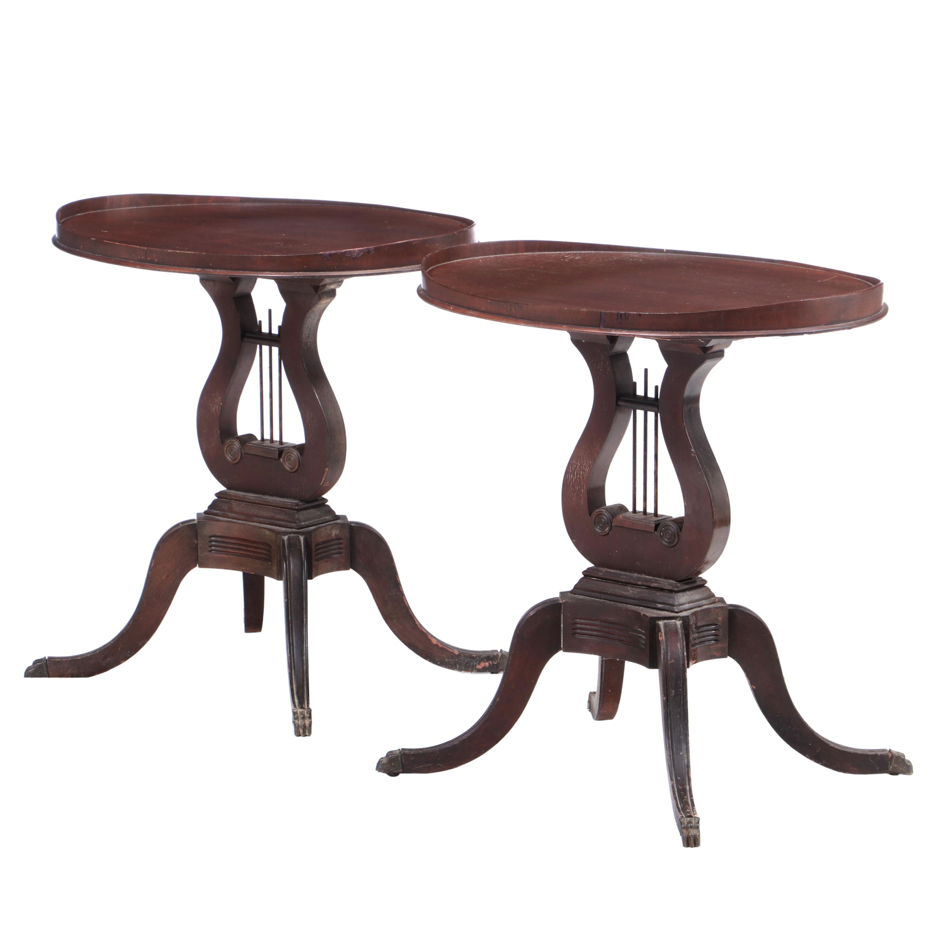 Duncan Phyfe Style Mahogany Lyre Pedestal Side Tables, Mid20th Century