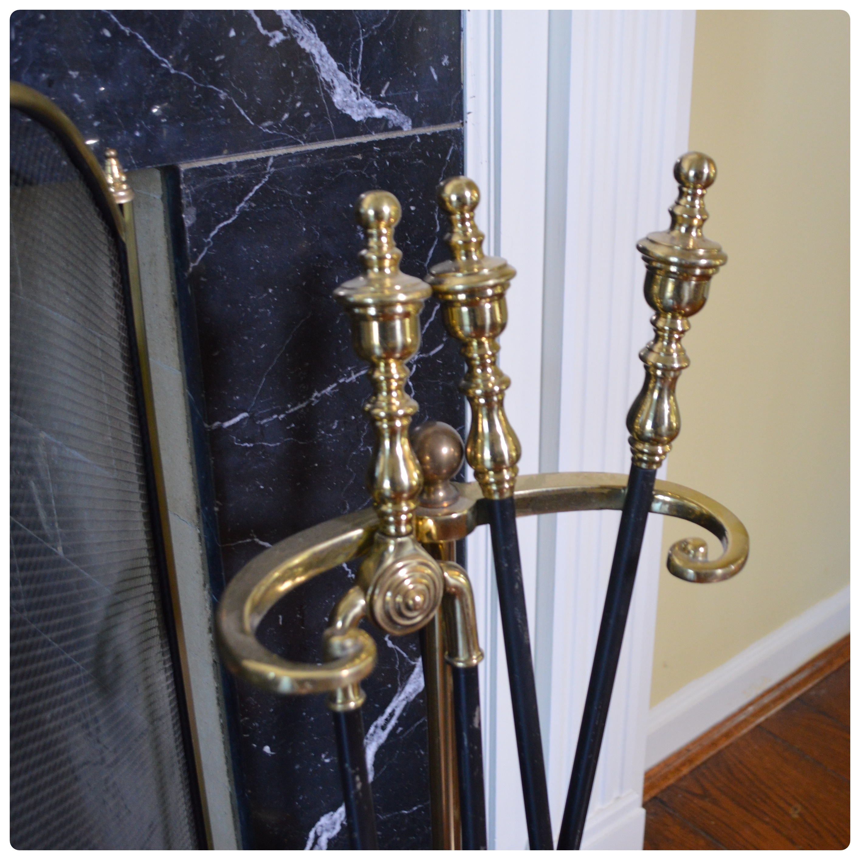 Folding Brass Fireplace Screen, Tool Set and Kindling Bucket