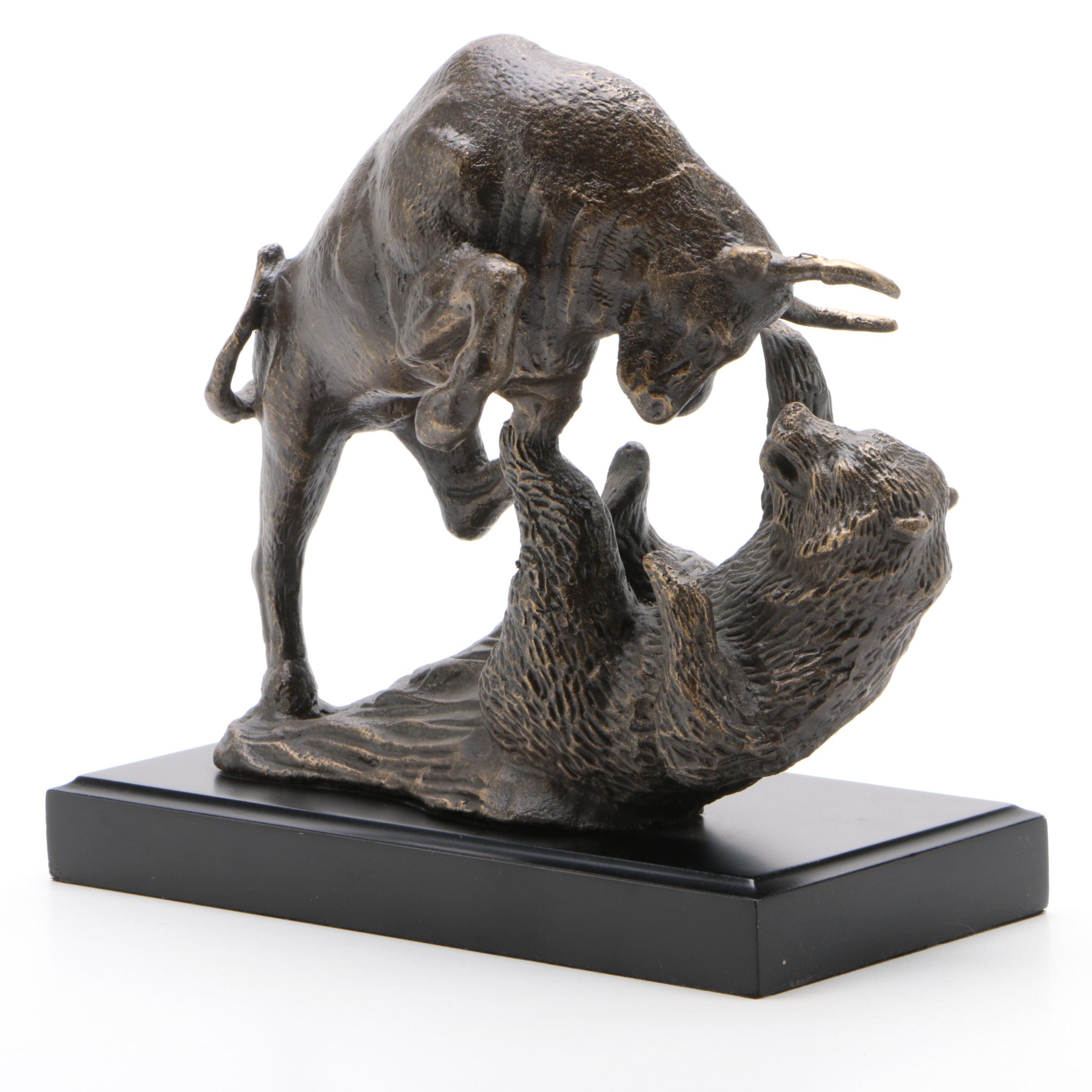 Bull & Bear Fighting "Wall Street" Bronze Cast Sculpture, Late 20th