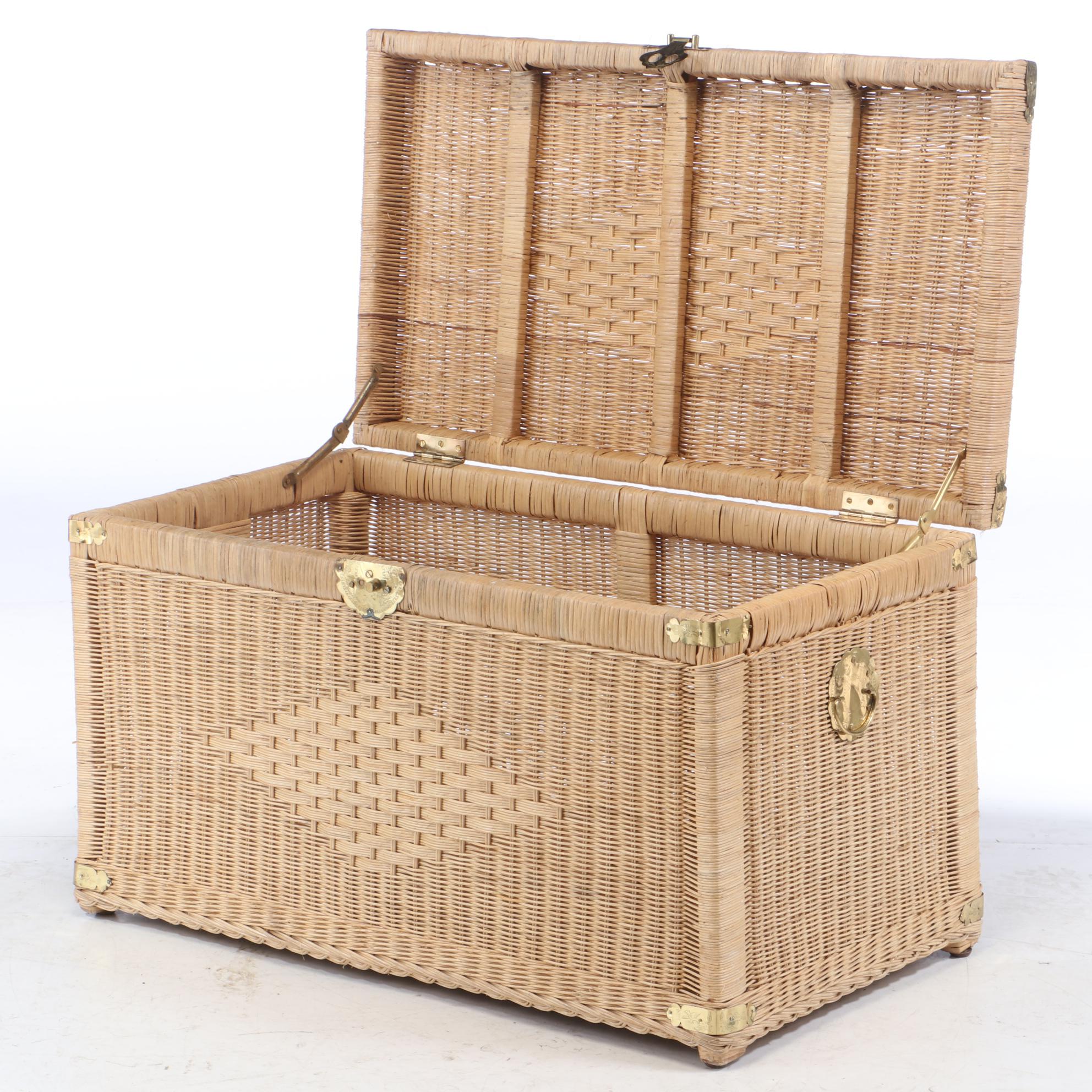 Wicker Storage Chest with Engraved Brass Hardware, Late 20th Century EBTH