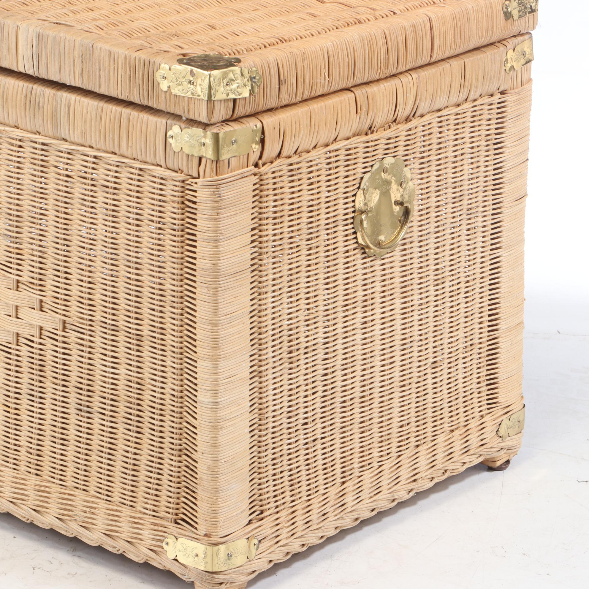 Wicker Storage Chest with Engraved Brass Hardware, Late 20th Century EBTH