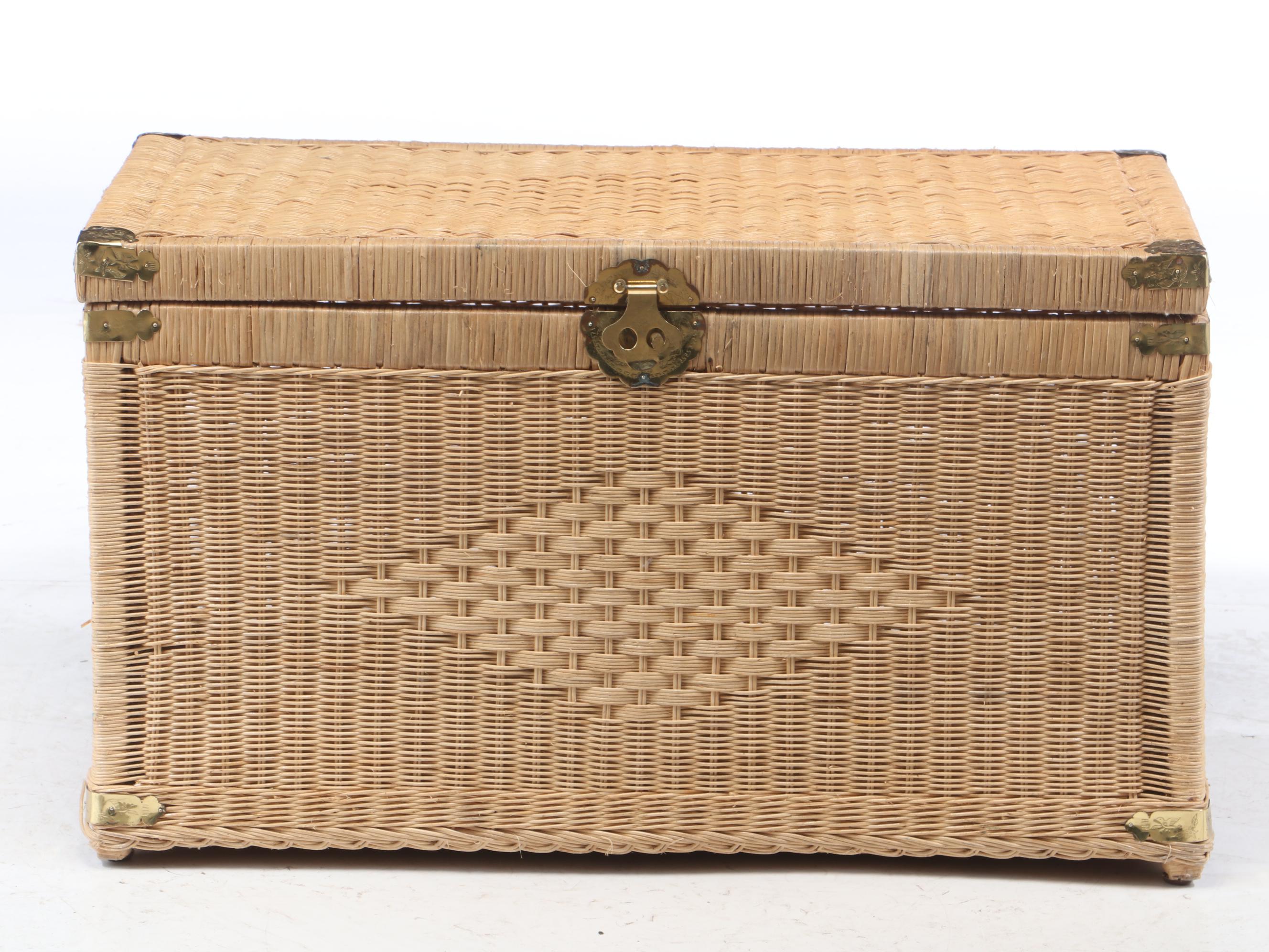 Wicker Storage Chest with Engraved Brass Hardware, Late 20th Century EBTH