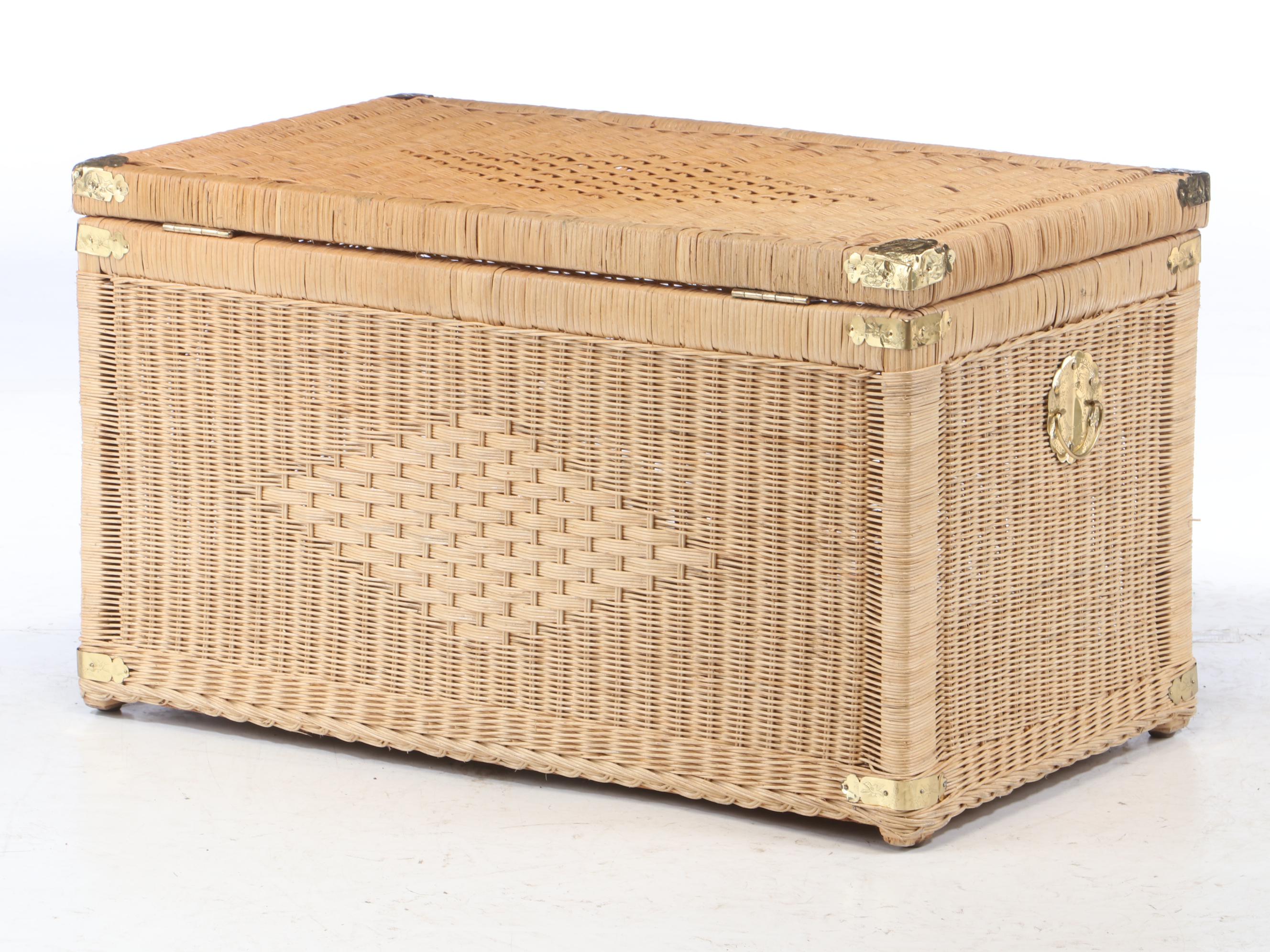 Wicker Storage Chest with Engraved Brass Hardware, Late 20th Century EBTH