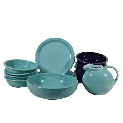 Fiesta Turquoise and Cobalt Dinnerware, Mid-20th Century Fiesta Turquoise and Cobalt Dinnerware, Mid-20th Century
