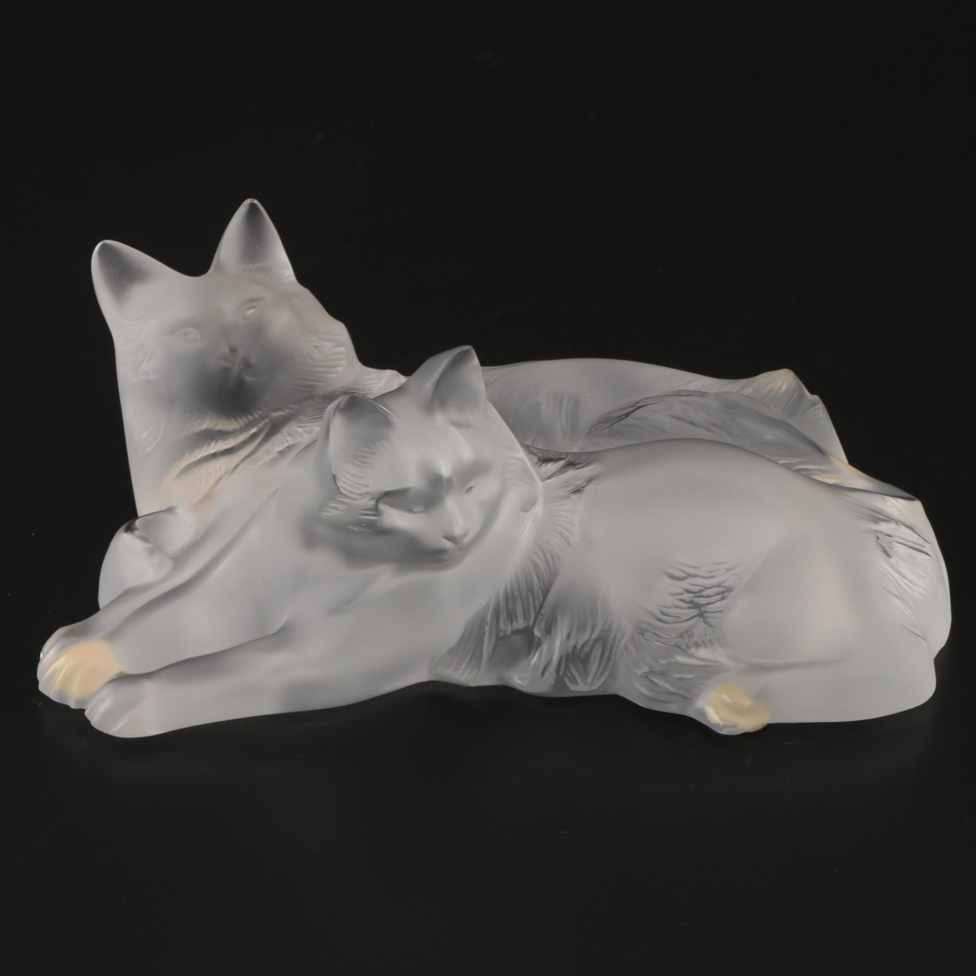 Lalique "Happy and Heggie" Frosted Crystal Cats Figurine, Contemporary