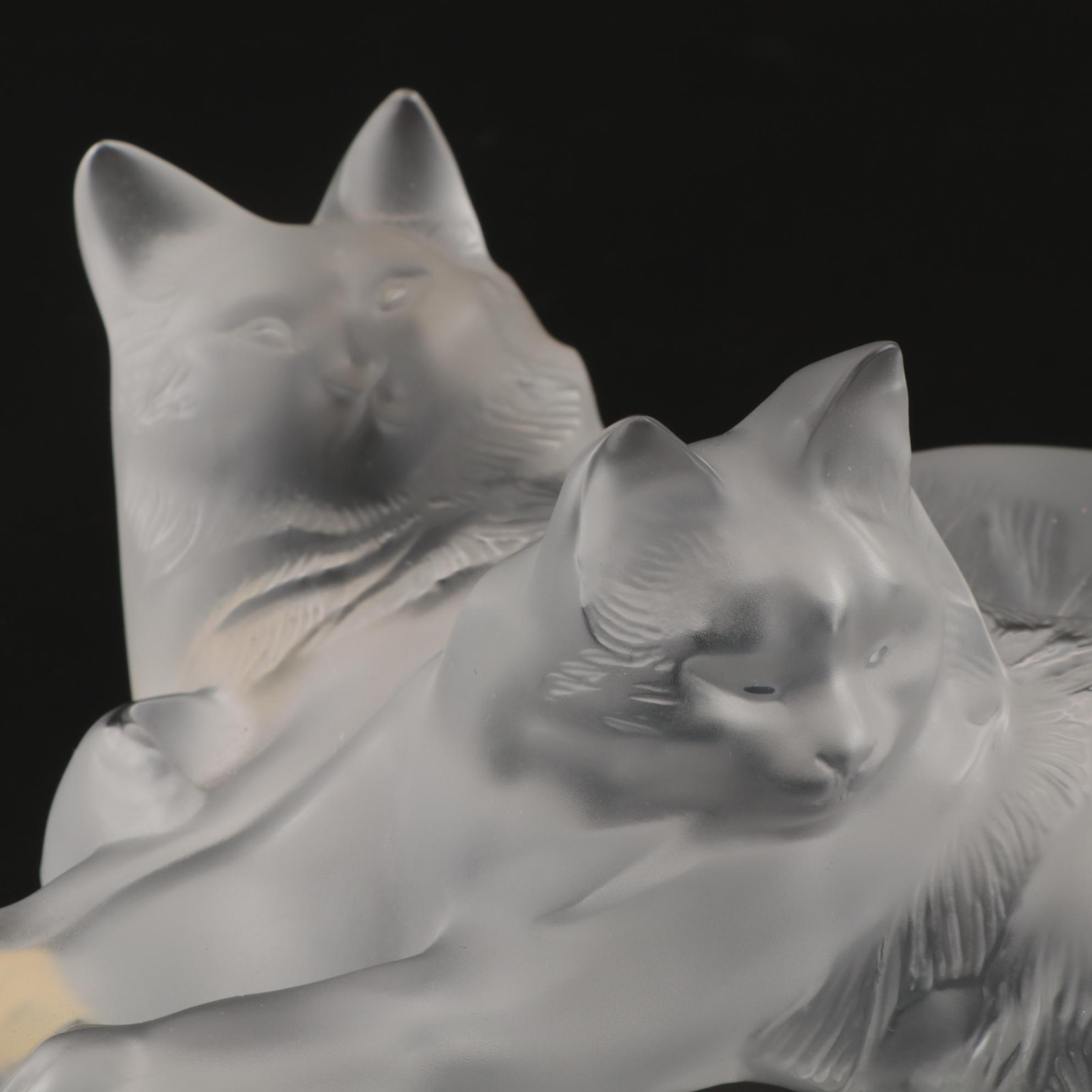 Lalique "Happy and Heggie" Frosted Crystal Cats Figurine, Contemporary