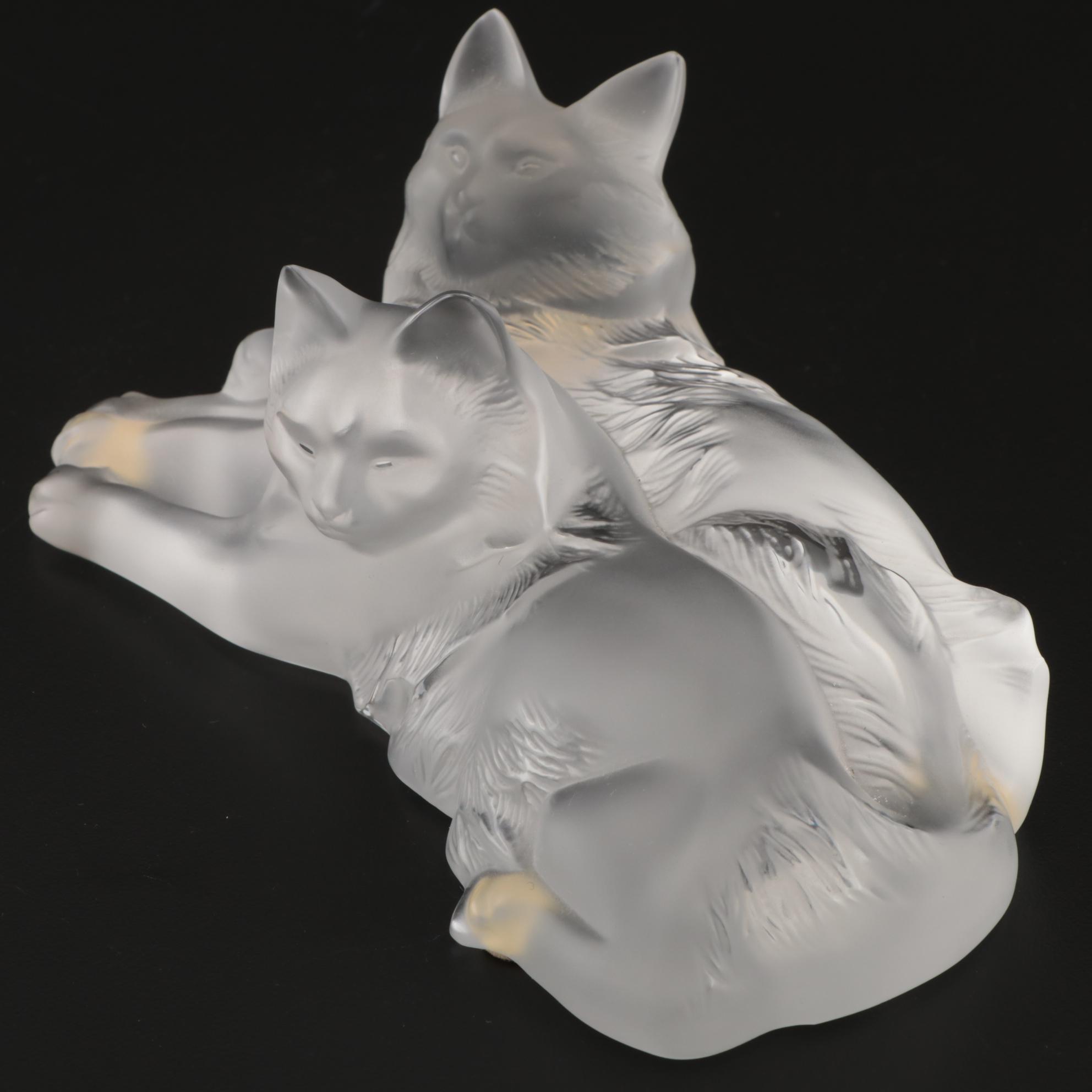 Lalique "Happy and Heggie" Frosted Crystal Cats Figurine, Contemporary