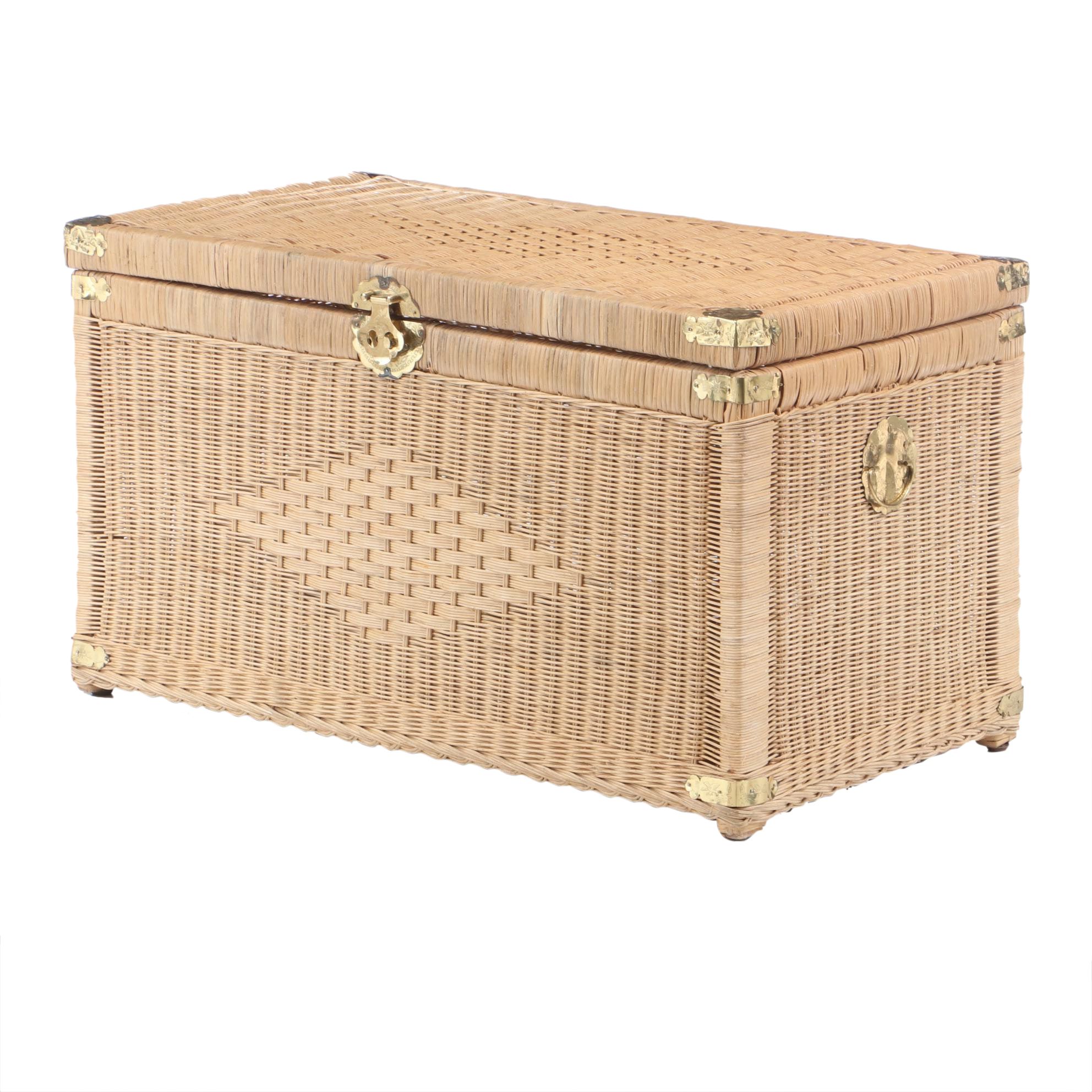 Wicker Storage Chest with Engraved Brass Hardware, Late 20th Century EBTH