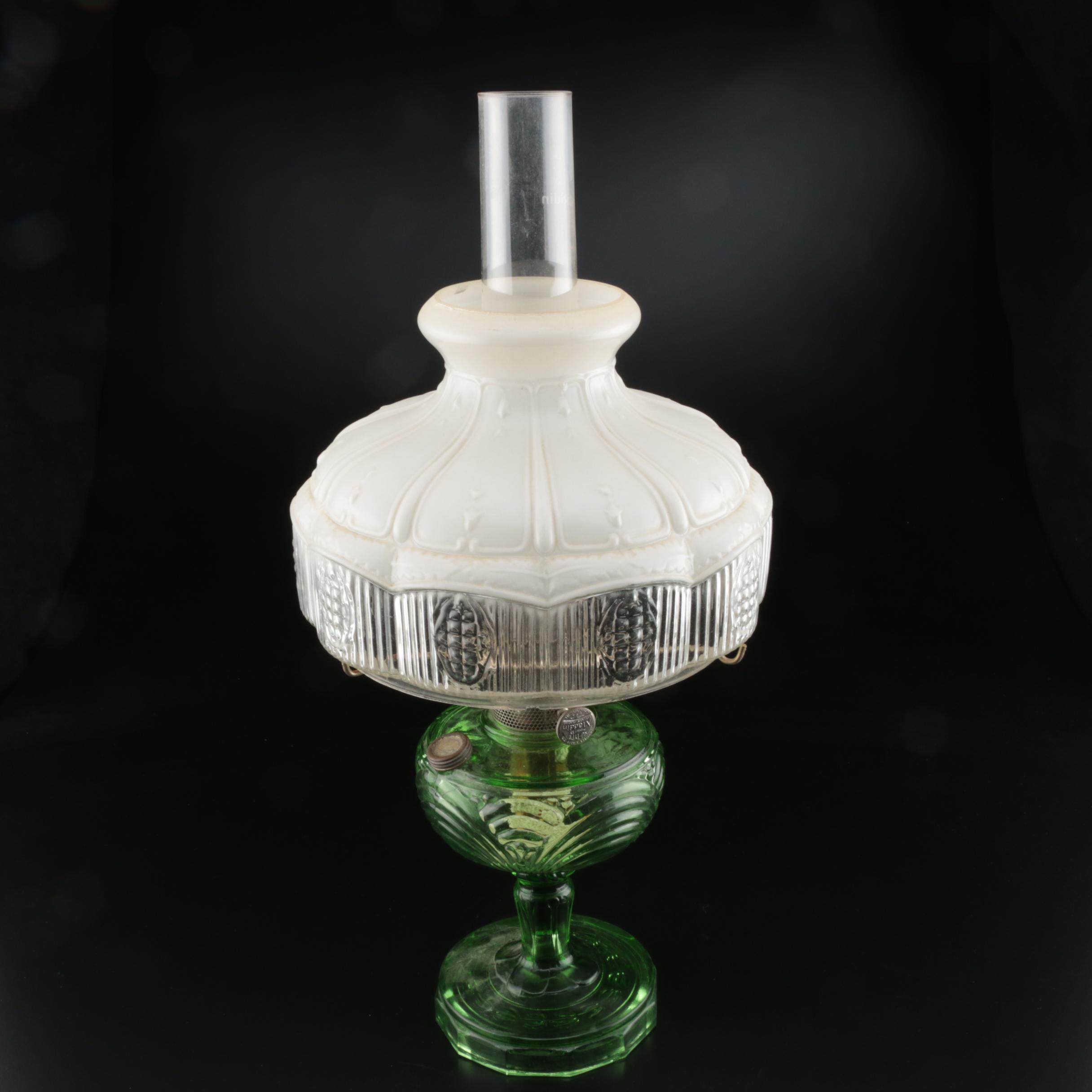 Aladdin Model B "Washington Drape" Green Glass Kerosene Lamp With Shade ...