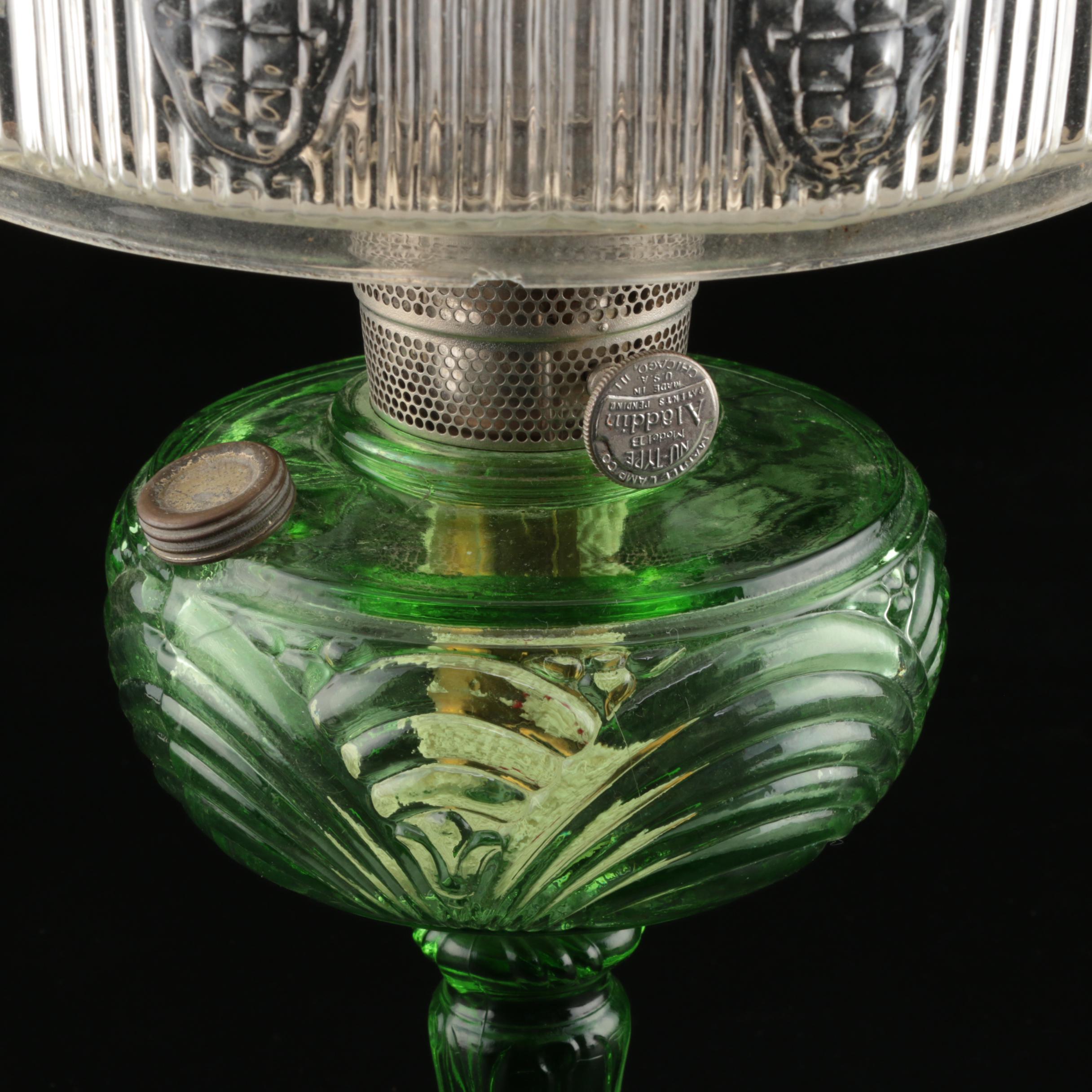 Aladdin Model B "Washington Drape" Green Glass Kerosene Lamp With Shade ...