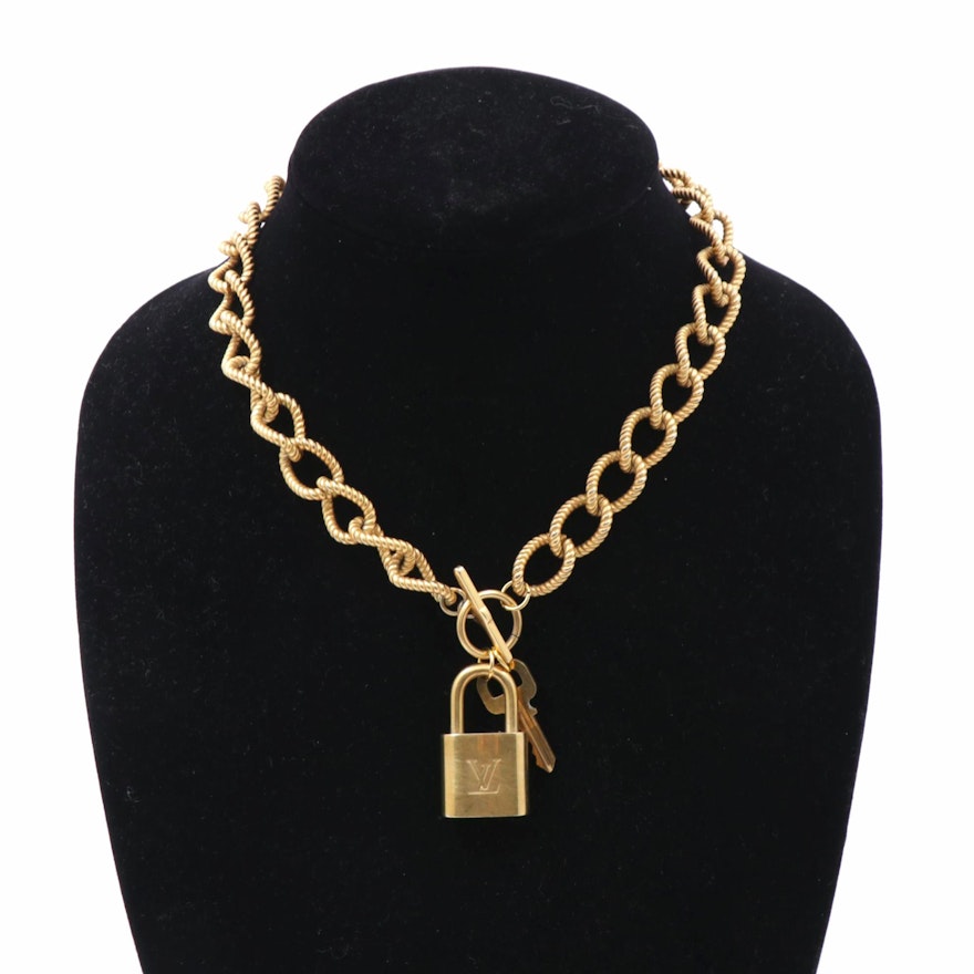 Louis Vuitton Brass Lock and Key on Chain Necklace | EBTH