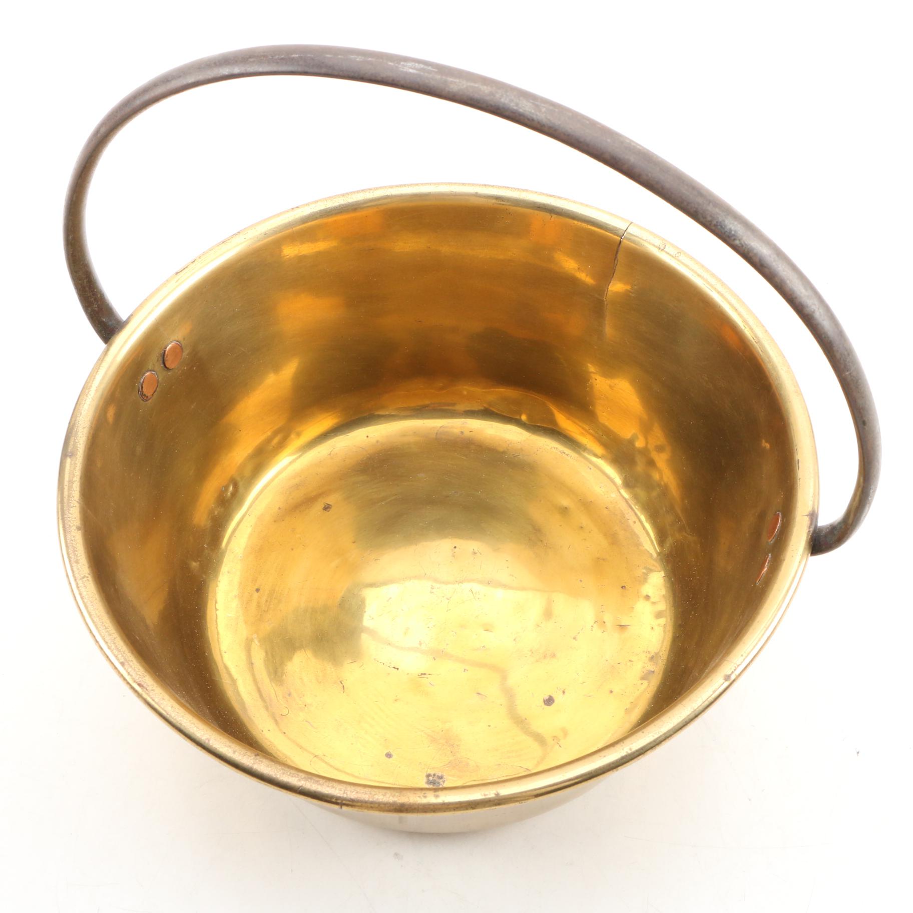 Brass Fireplace Bucket with Wrought Iron Handle, Circa 1880 EBTH