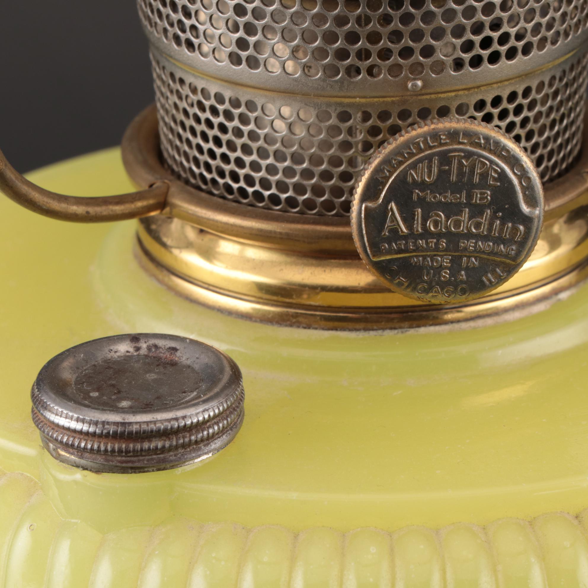 Aladdin Model B Yellow "Vertique" Glass Kerosene Lamp Including Shade